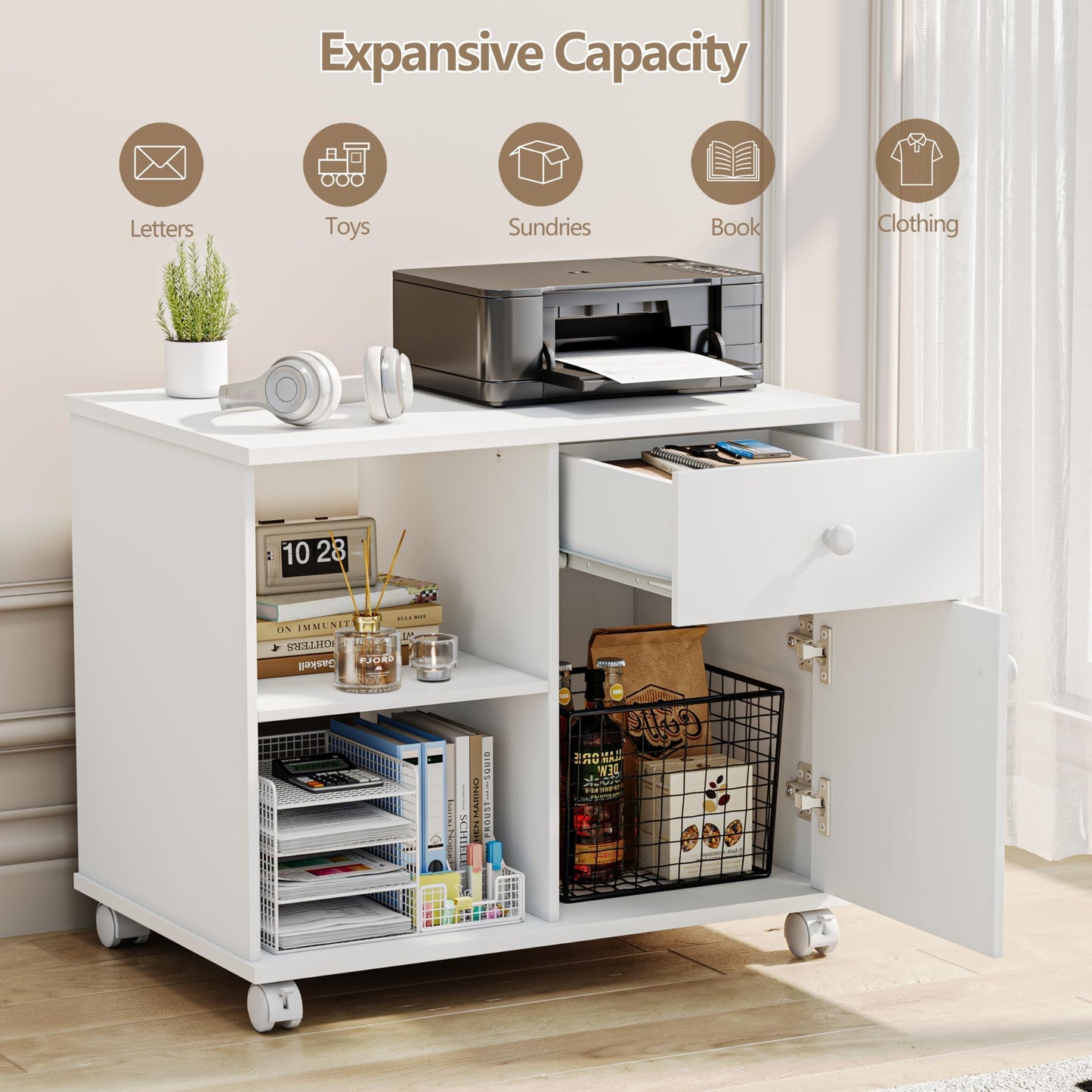 Quikraen Rolling File Cabinet Mobile Filing Cabinets with Doors, Adjustable Shelves Storage Cabinet, Lateral Printer Stand with Drawer for Office Supplies Mobile Filing Cabinet White