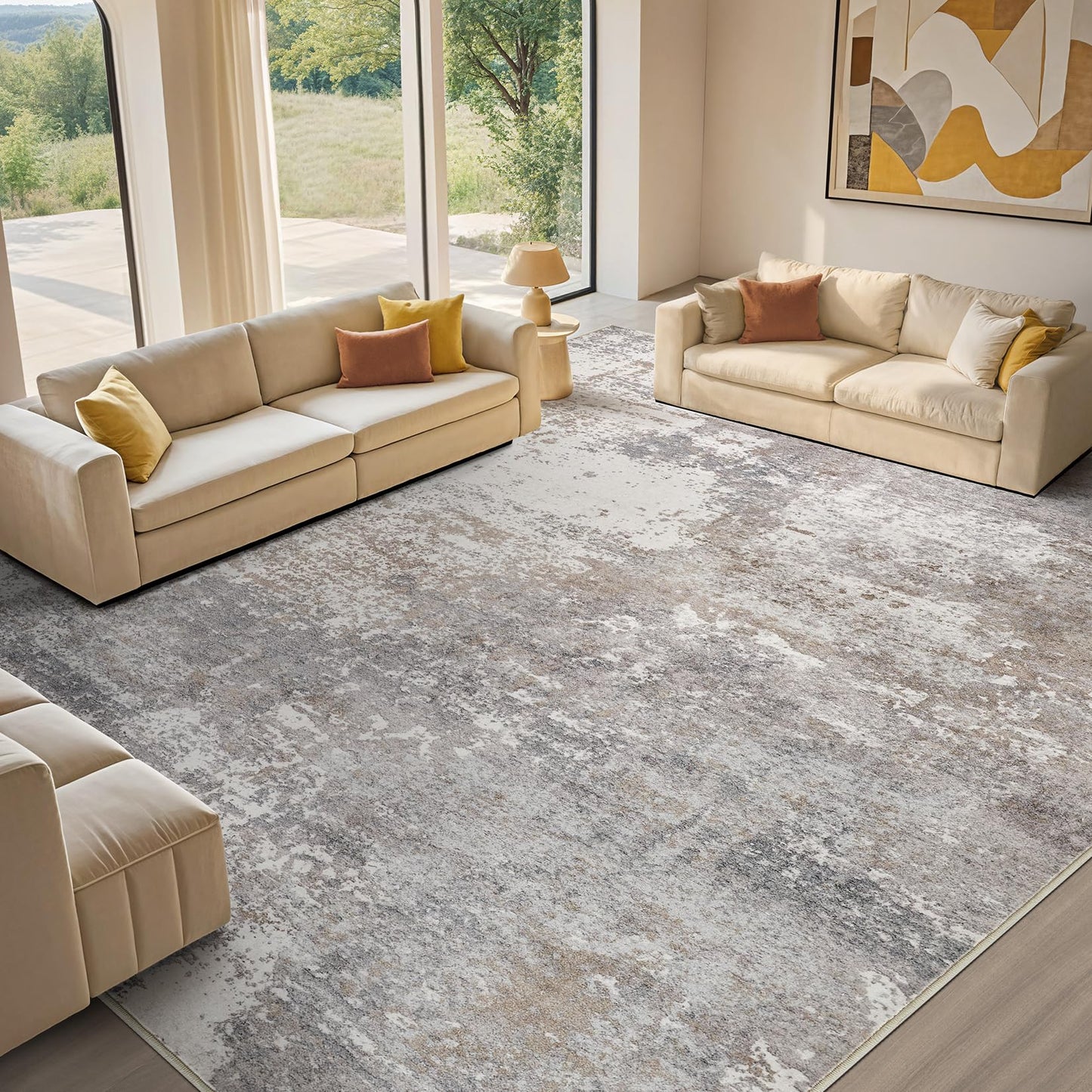 Micgeek Area Rug Living Room - 9X12 Abstract Washable Large Soft Foldable Non Slip Rug Neutral Modern Low Pile Carpet for Bedroom Nursery Dining Room Farmhouse Home Office Indoor - Grey Brown