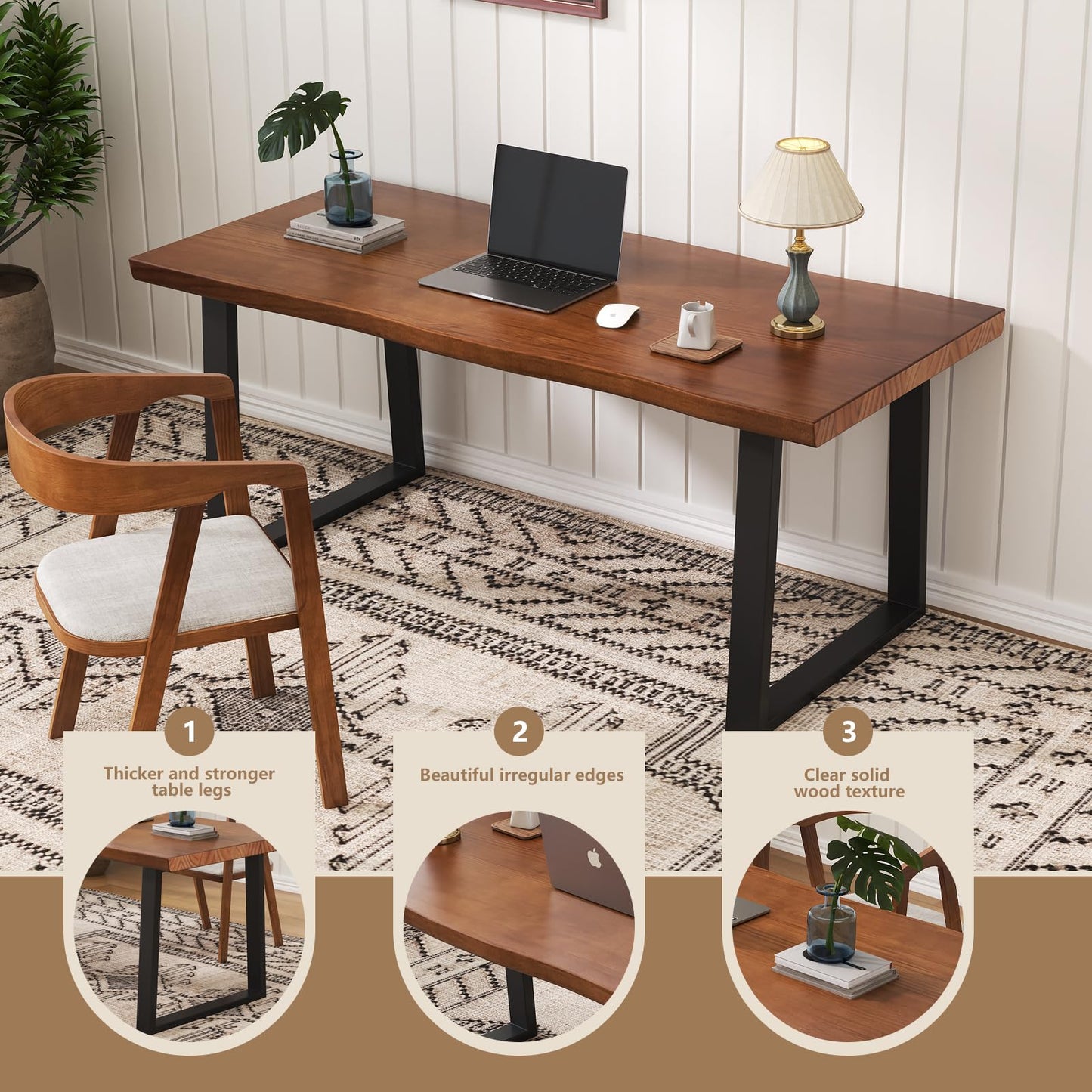 wangbochuan Solid Wood Administrative Computer Desk - Rustic Style Large Office Desk, Modern Minimalist Workstation for Home, Ideal for Learning, Writing, and Professional Use (Dark Yellow, 55.12in)