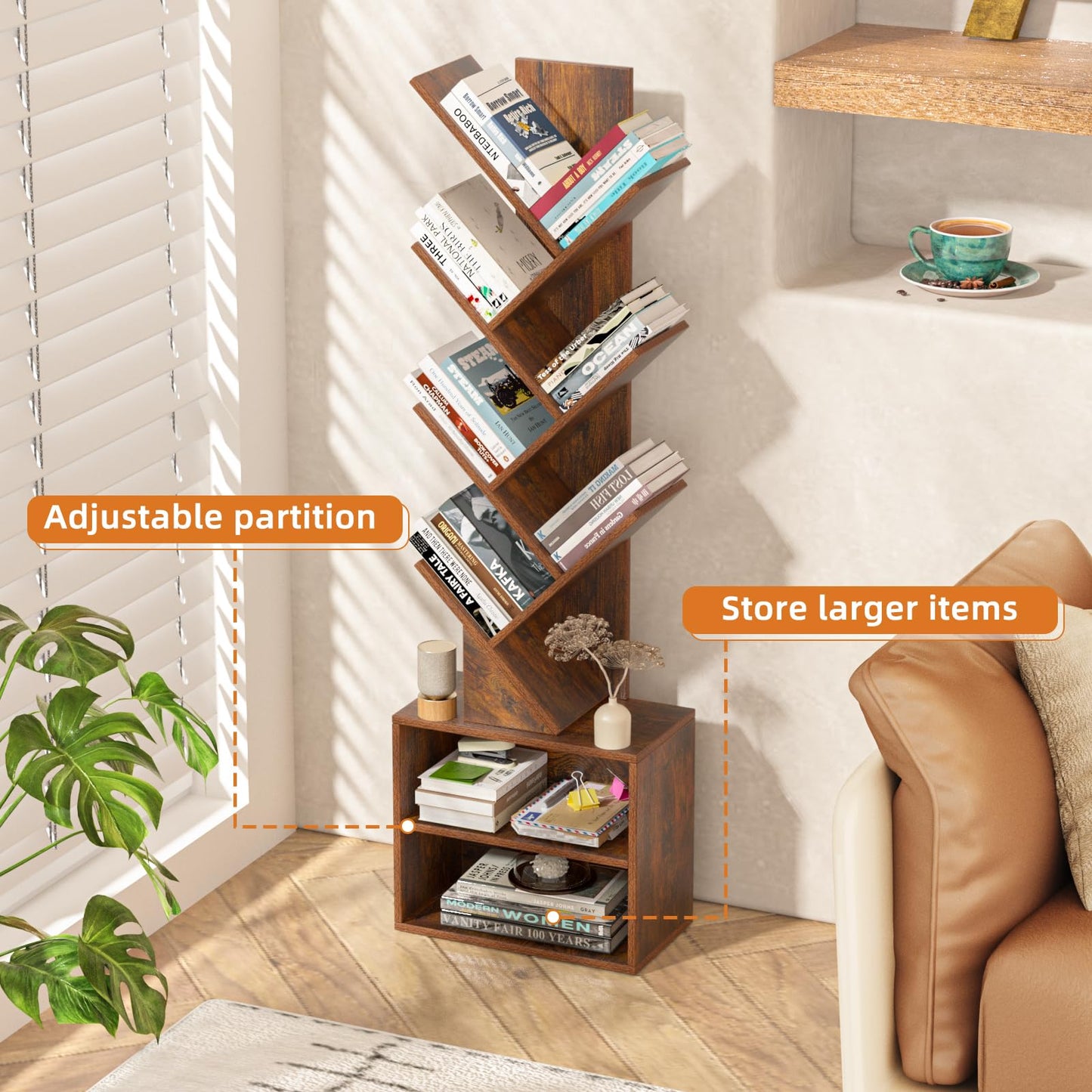 SHEEPAM 10 Tier Tree Bookshelf,Floor Standing Wood Tall Bookcase for Narrow Space, Storage Organizer Bookshelves for Books, Book Case for CDs/Movies/Books,Home Office,Living Room, Bedroom