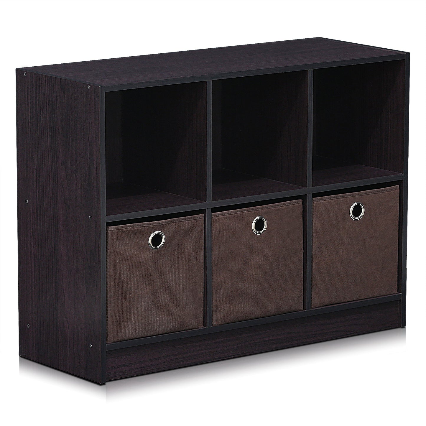 Furinno BASIC Book Shelf, 6-Cube Bookshelf with Open Shelf, 3 x 2 Bookcase with Storage Bins, Closed Back, Horizontal, 11.9 x 31.6 x 23.6, for Living Room, Bedroom, Home Office, Dark Walnut
