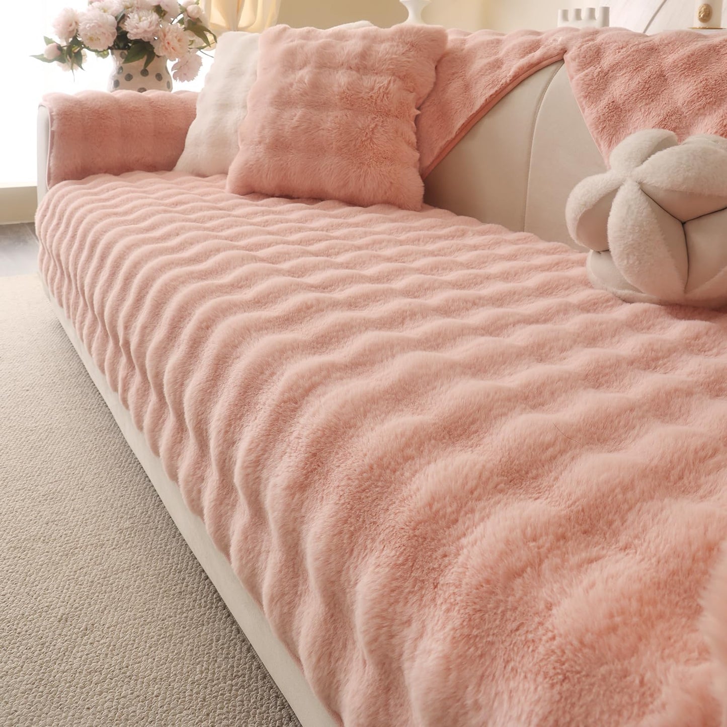 Aucrovee Soft Plush Faux Fur Couch Cover, Thick Warm Fuzzy Sectional Sofa Covers for 3 Cushion Couch Sofa L Sharped Sofa Non Slip Slipcover, Furniture Protector Covers for Pets(1 PCS 36"x36" Pink)