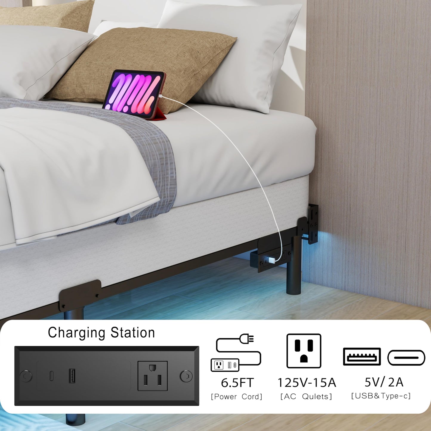 HusDream Full Size Bed Frame with LED Lights 7 Inch Platform Bed Frame Thick Basics Bed Base for Box Spring & Mattress Foundations,Adjustable Length,Noise Free,Tools Free (7 Inch, Full)
