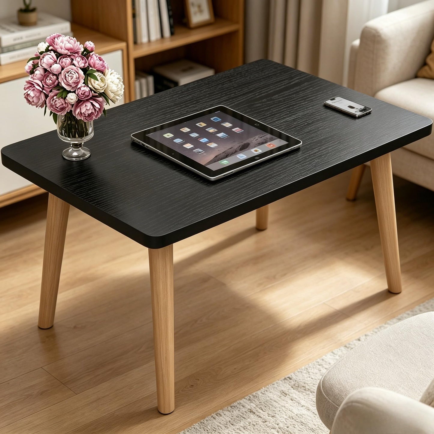 Coffee Table, 23.6" Small Oval Coffee Tables for Small Space with 4 Solid Wood Leg, Floor Table Desk for Sitting on The Floor, Side Table Japanese Low Table for Living Room Apartment, Rectangle Black