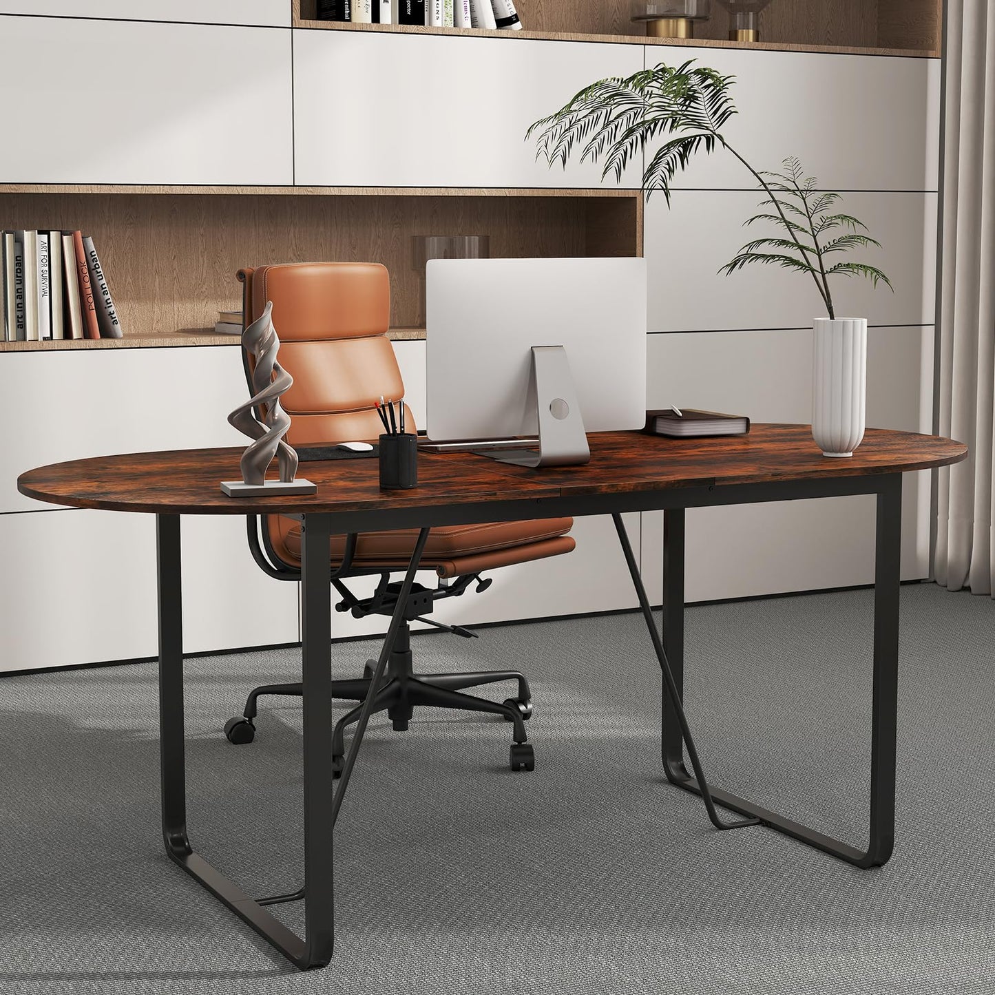 GOFLAME 71 Inches Executive Table, Oval Home Office Table with Cable Management Hole & Metal Frame, Seminar, Conference Table for 10 People, Large Business Furniture for Meeting Room