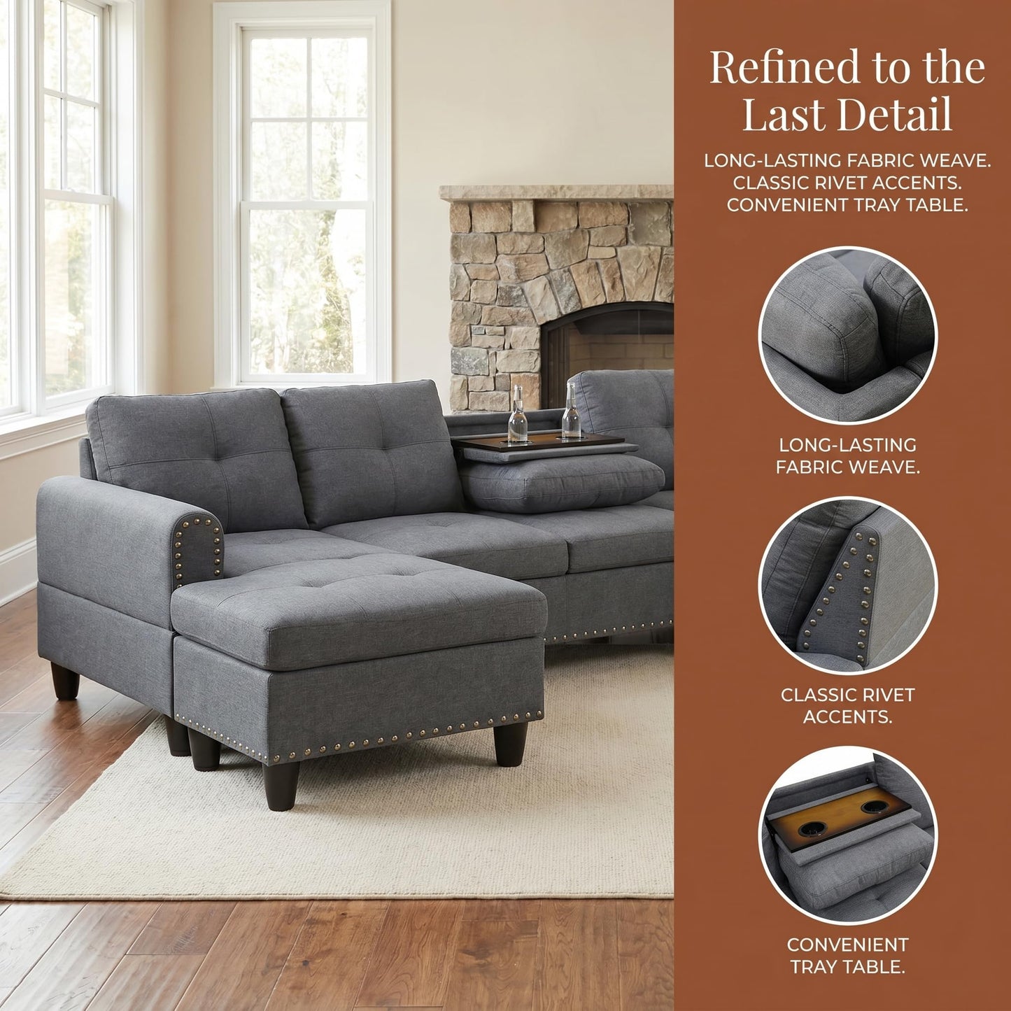 Trygoal 3-Piece L-Shaped Modular Leather Sofa – Convertible Sectional Couch with Movable Chaise & Storage Ottoman, Multi-Scene Use for Living Room, Apartment & Office, Charcoal Gray