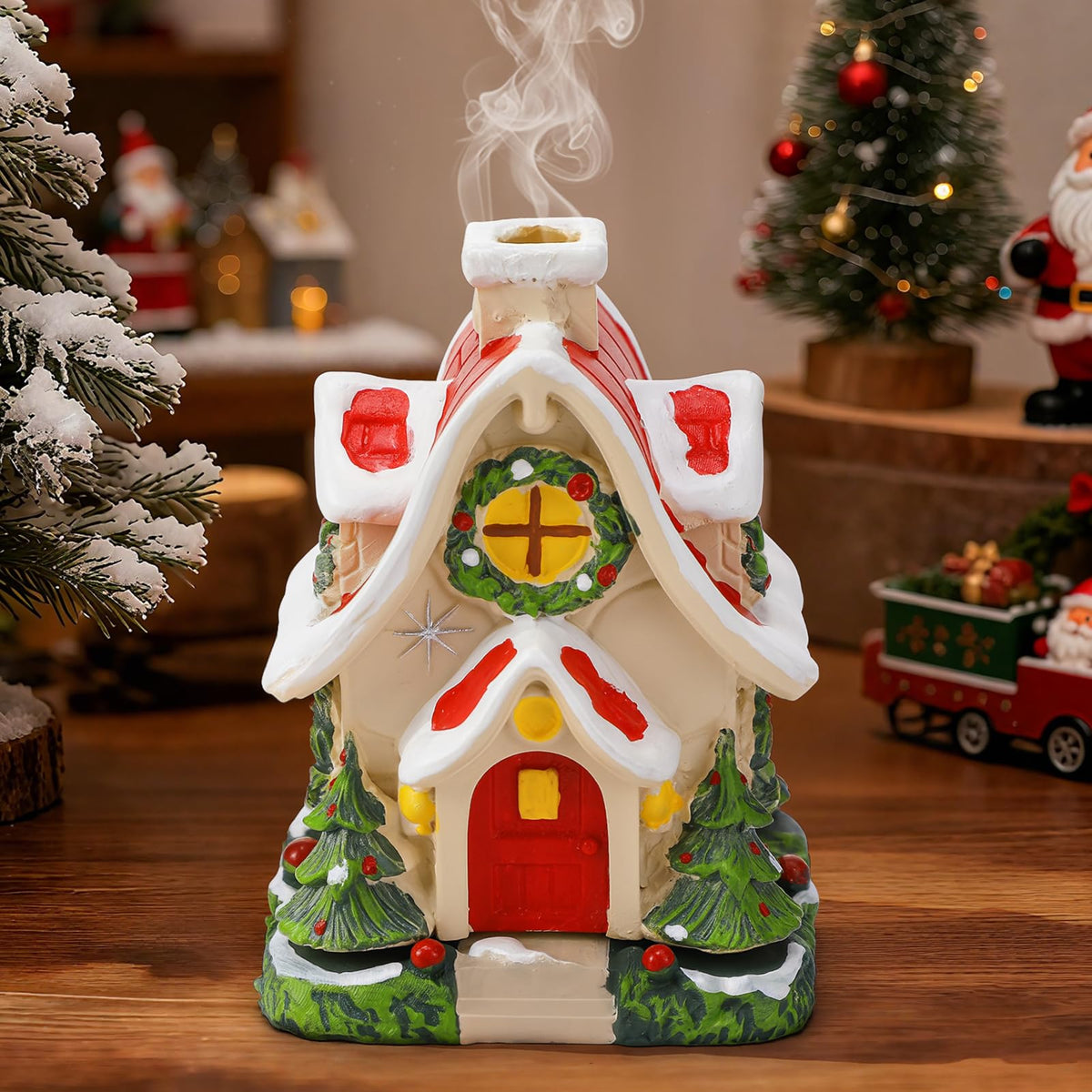 Christmas Log Cabin Incense Burner - Gift for Mom Wife Her Women, Christmas Village House Incense Holder with 2 Incense Cones for Home Decorations, Red