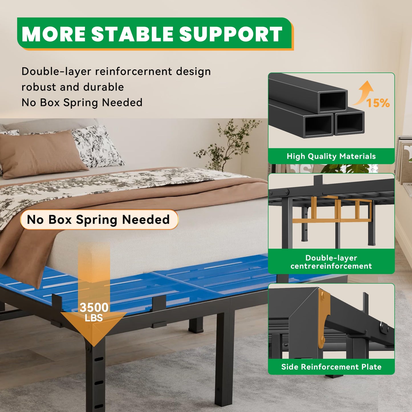 Anyroom 14 Inch Full Size Bed Frames, Heavy Duty Metal Platform 3500 lbs Capacity, No Box Spring Needed, 6 Mattress Slide Stopper, Headboard Holes, Noise-Free, Easy Assembly