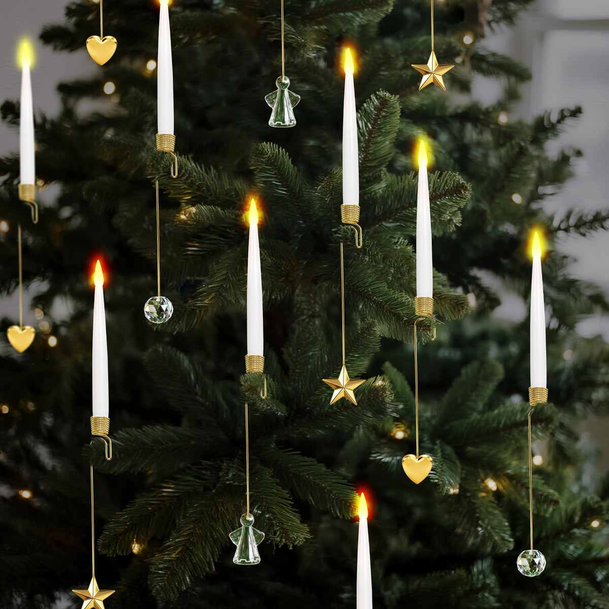 LUSHARBOR Christmas Tree Candles, 10 Pack Flameless Taper Candles for Christmas Tree Decor, Fake LED Candle Battery Operated with Remote for Xmas Wedding Home Gift with Gold Heart Hook