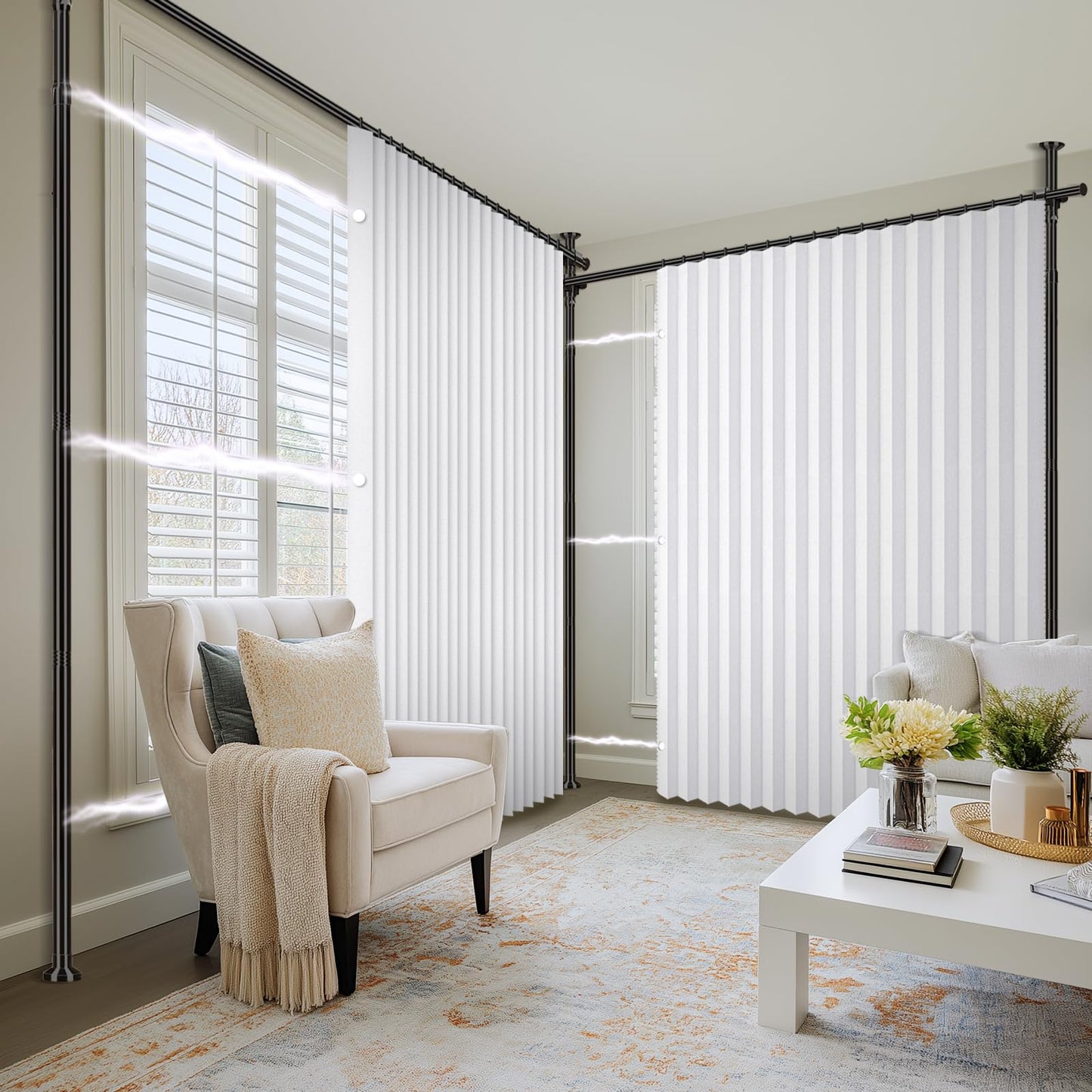 100% Blackout Room Divider Curtains Sets White 2 Panels W100 x L84in No Drill Curtain Rods(H) 43-120×(W) 35-200 in for Studio Apartment Dorm Office