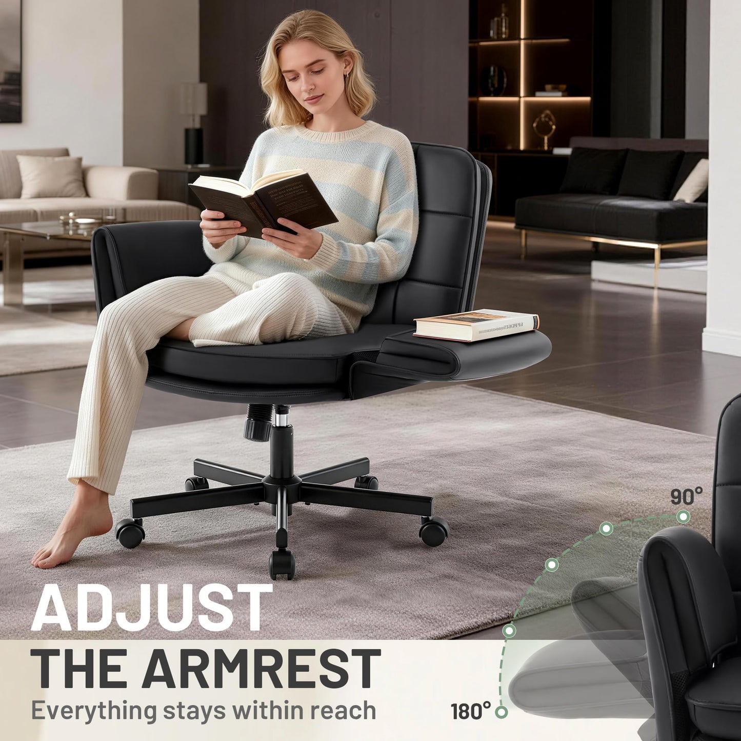 Hayelf Criss Cross Chair with Wheels - PU Leather Comfy Wide Seat Criss Cross Desk Office Chair with Armrests - Comfortable Swivel Rolling Tilting Vanity Chair with Back for Home Office Makeup Bedroom
