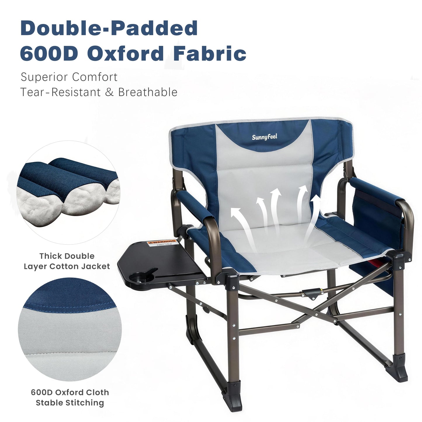 SUNNYFEEL Oversized Camping Directors Chair Blue Portable Folding Chair for Adults Support 600lbs with Side Pocket and Side Table for Beach, Fishing, Trip, Picnic, Lawn, Outdoor Foldable Camp Chairs