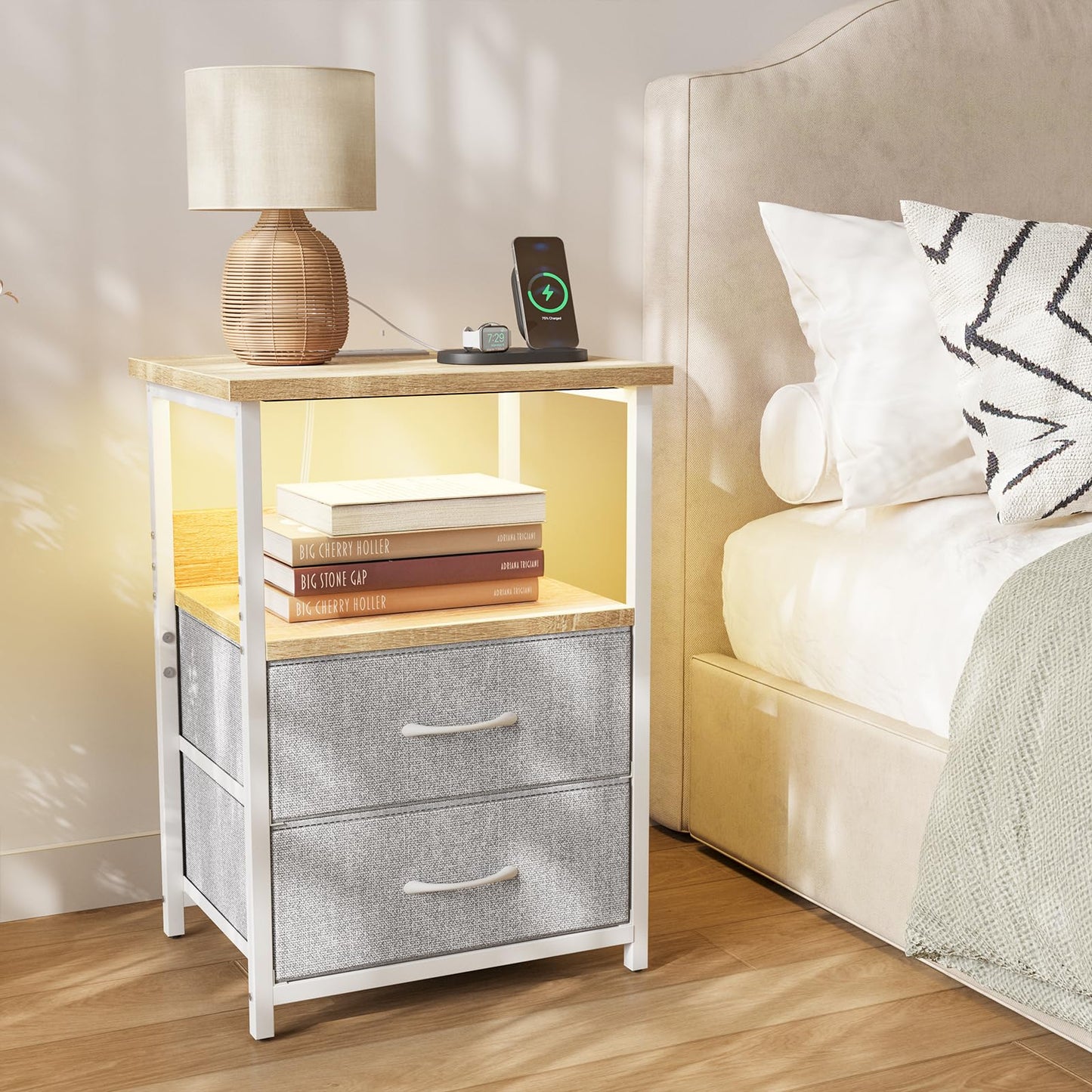 Fixwal Night Stand with Charging Station, LED Nightstand with U-S-B Ports and Outlets, 2 Fabric Storage Drawers with PU Finish, Small Bedside Table, Natural Oak & Light Grey