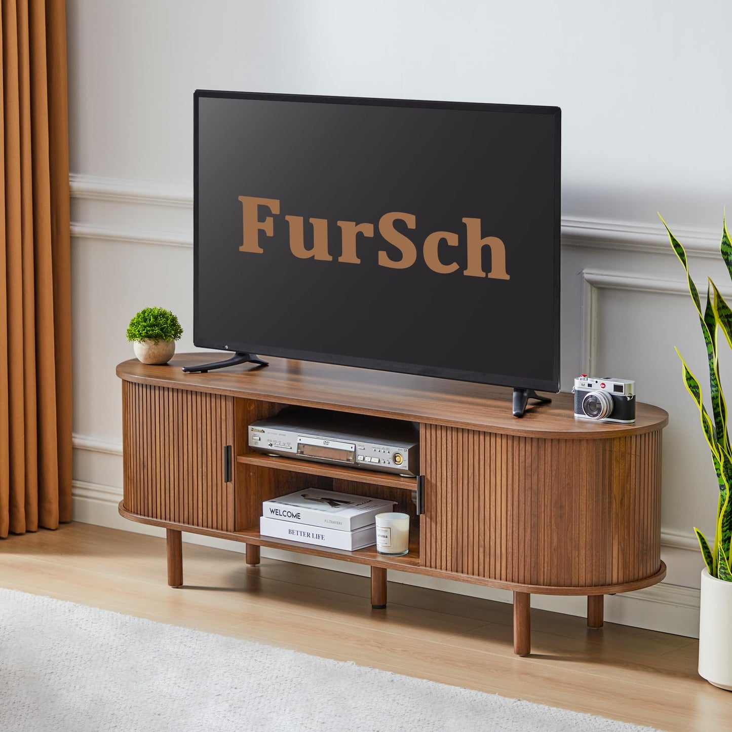 FurSch 53" Tambour Door TV Stand,Wood Mid Century Modern TV Cabinet for Up to 65“ TV,Curved Edge Long TV Stand with Storage for Bedroom Living Room(Walnut, 53inch)