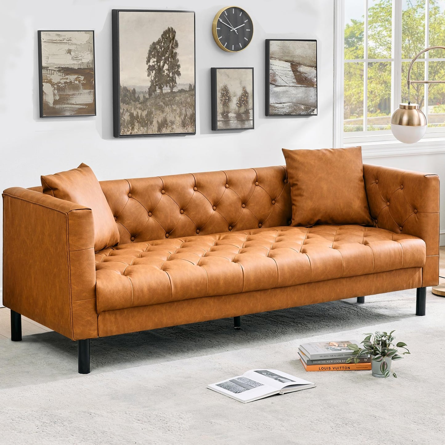 GarveeLife 81" Mid Century Modern Leather Sofa, 3 Seater Chesterfield Couch with Button Tufted Back & Deep Seat, Living Room Sofa for Apartment or Office, Orange