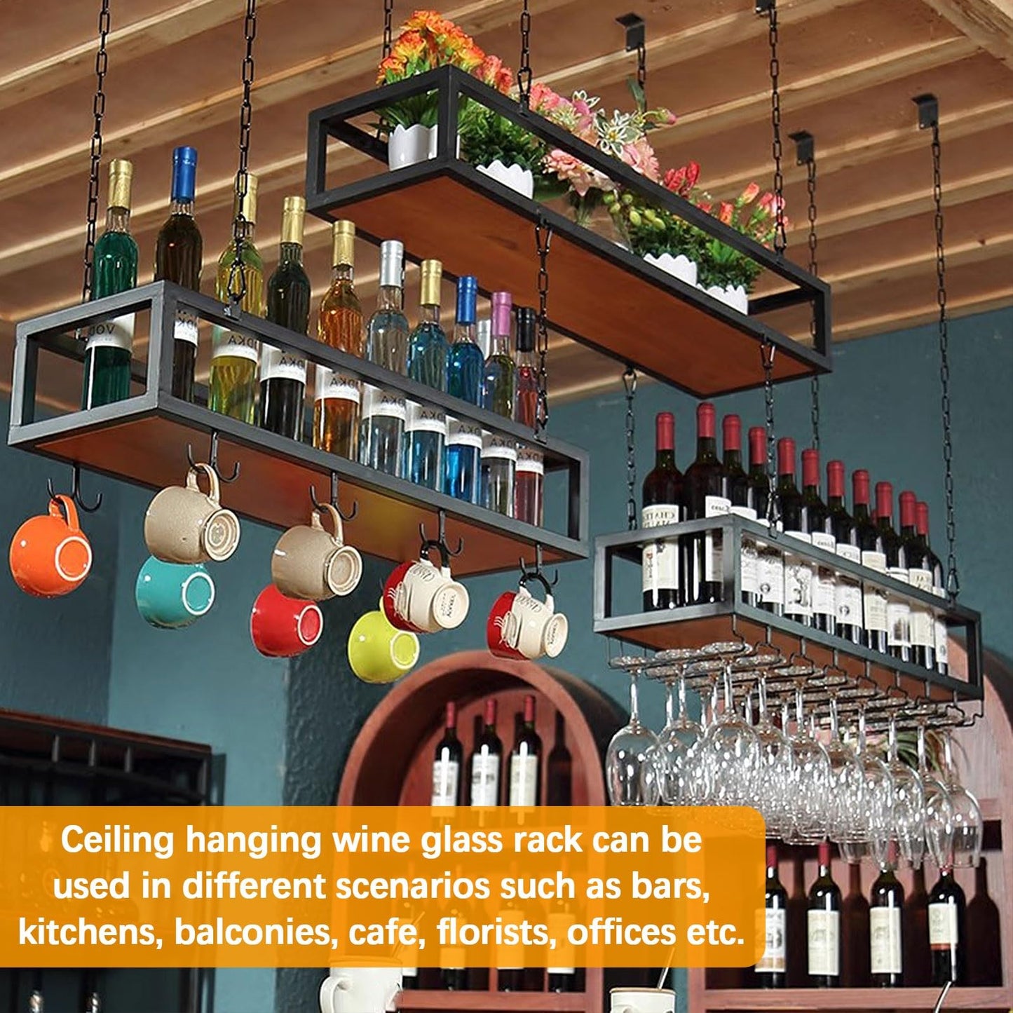 60cm -140cm Wine Rack with Glass Holder,Adjustable Industrial Wine Rack Shelf for Wall,Hanging Wine Glass Rack Holder for Bar, Cafe, Kitchen, Metal Iron Wine Shelf Ceiling Mounted (Size : 1 ()