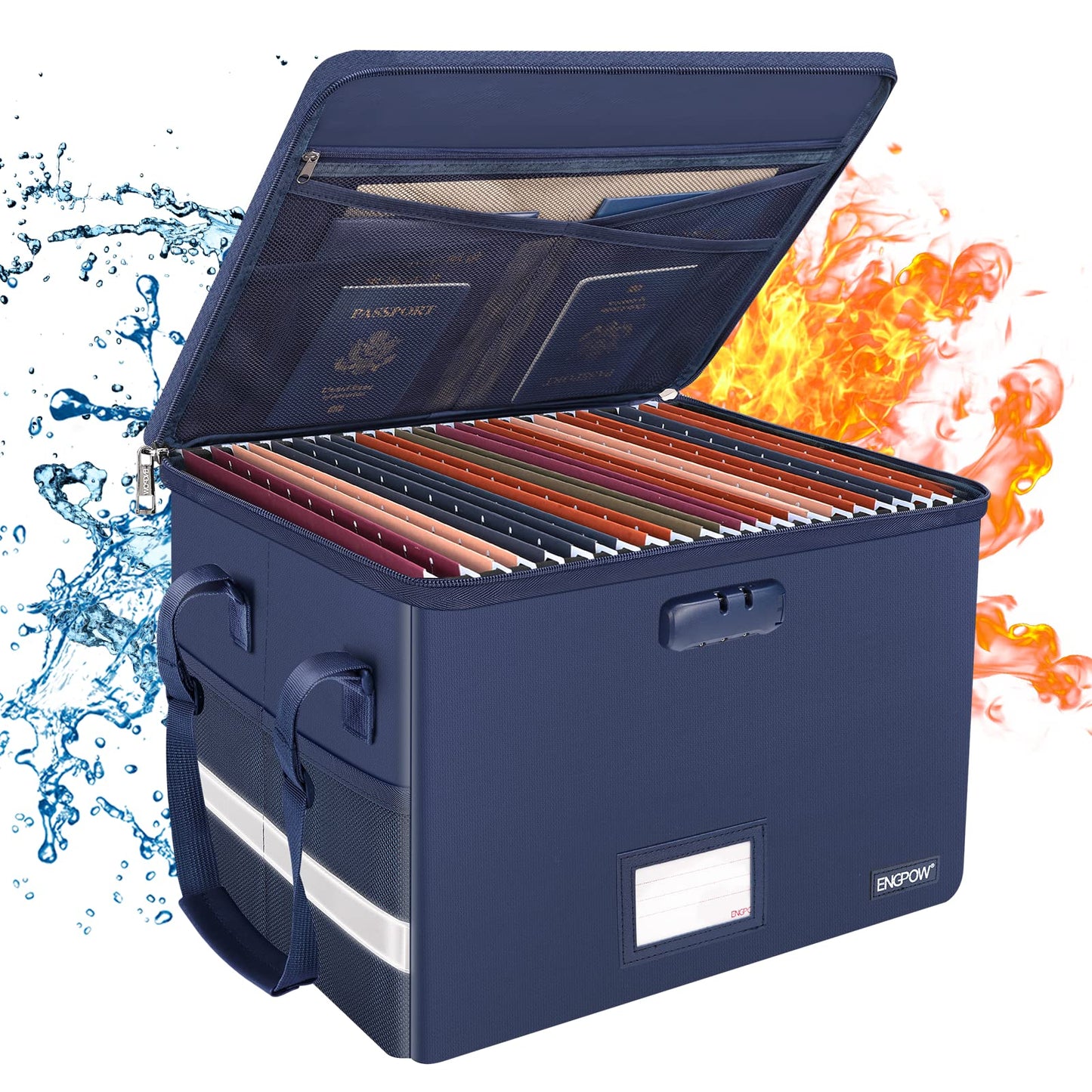 ENGPOW File Box with Lock, Fireproof Document Box with Zipper＆Pockets, Collapsible File Organizer Filing Storage Cabinet with Handle, Portable Home Office Safe for Hanging Letter/Legal Folder, Blue