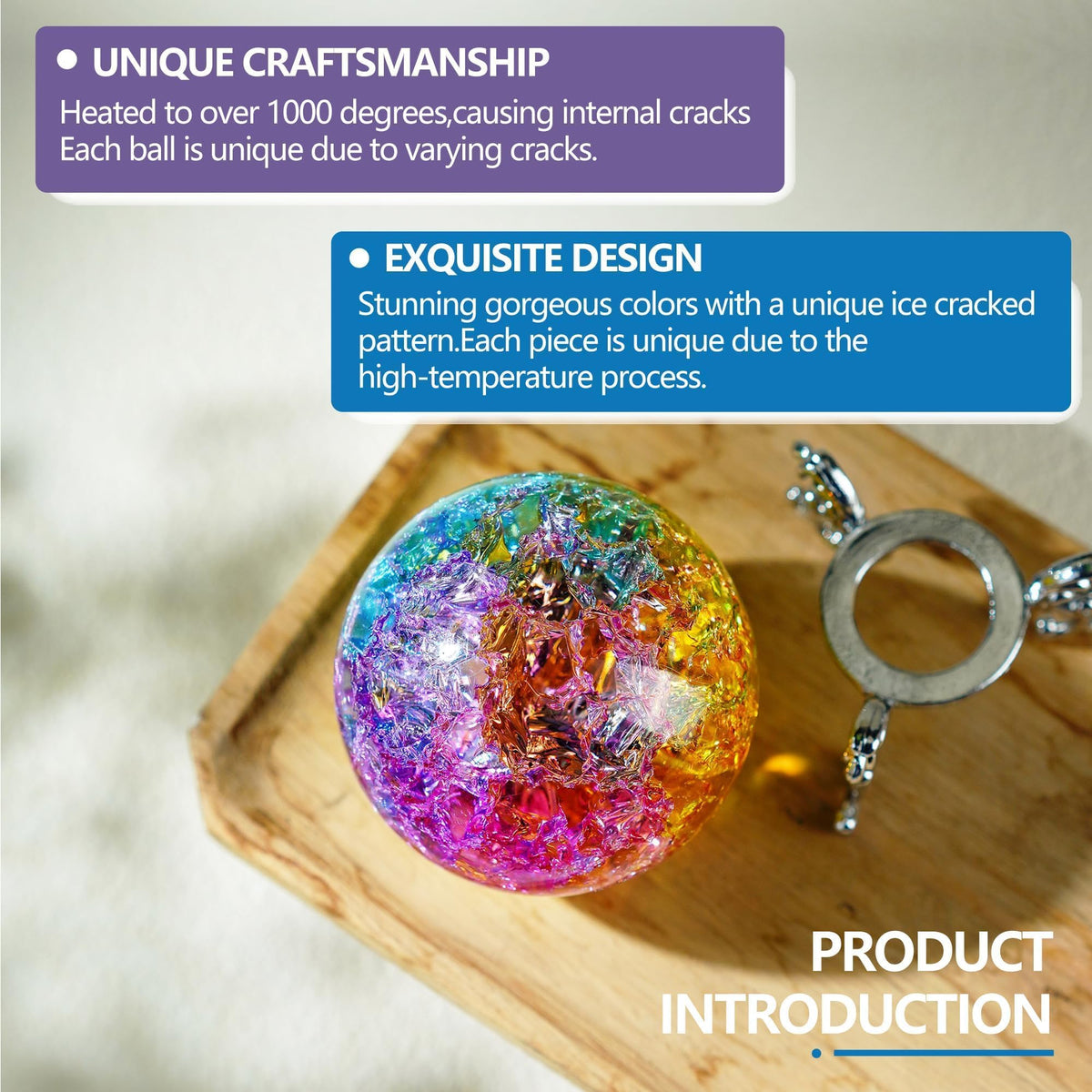 ZEERSHEE Colorful Ice Cracked Crystal Ball with Stand, 2.3" Glass Decor