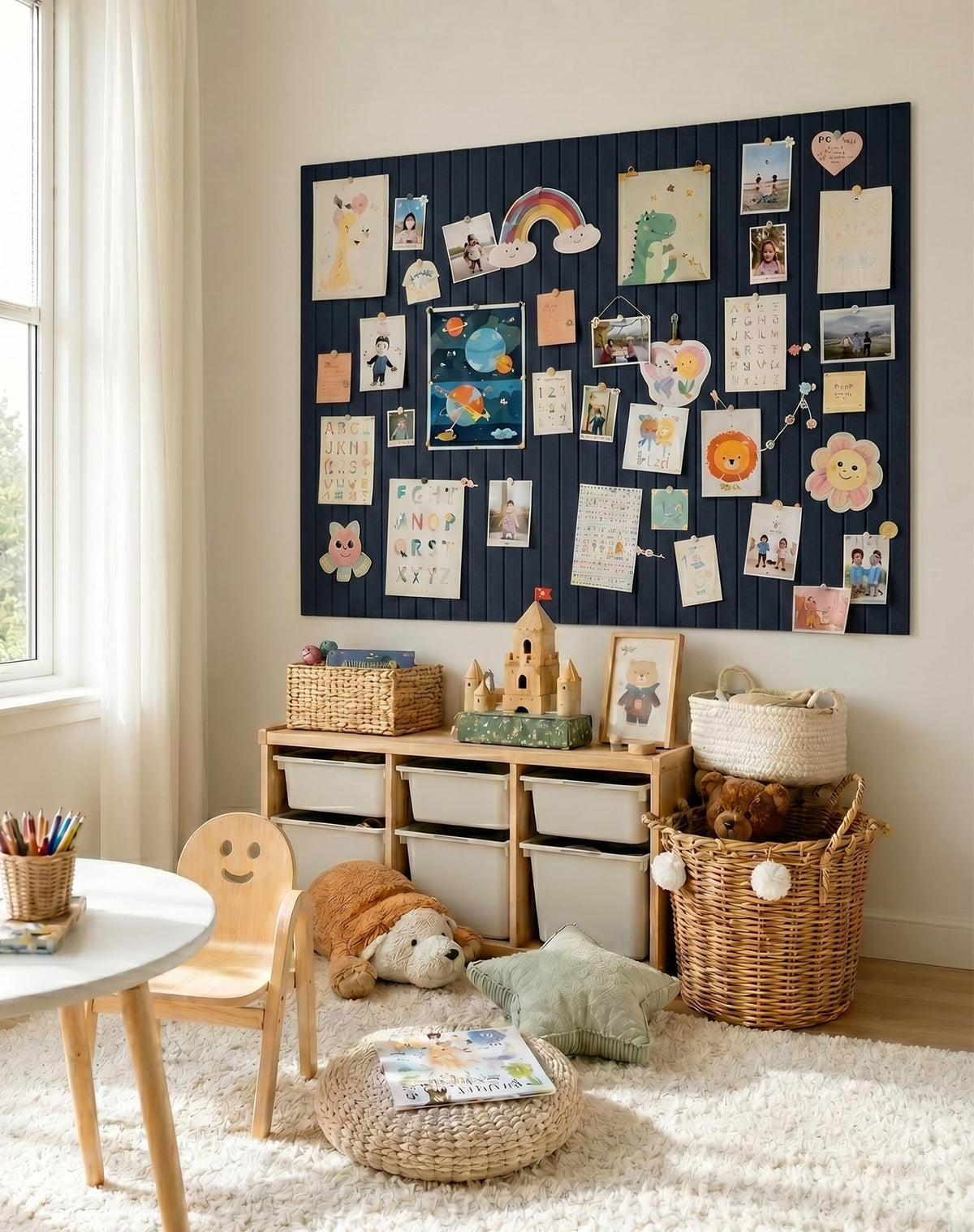 Aothia 12-Pack Felt Bulletin Board Tiles 48"x36", Modular Pin Board for Smooth Walls, Cork Board Alternative for Notes & Photos, 0.35" Thick, 70 Adhesive Tabs & 40 Pins, Navy Blue