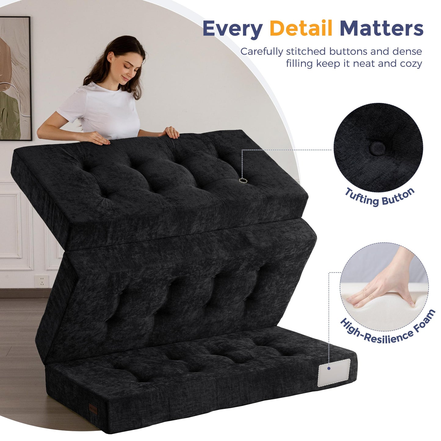 MAXYOYO 6" Folding Sofa Bed for Floor, Tufted Tri-Fold Floor Mattress with Chenille Fabric, Full Size Portable Sofa Couch Guest Mat for Adults, Foldable Topper for Camping, Black, 53"x75"