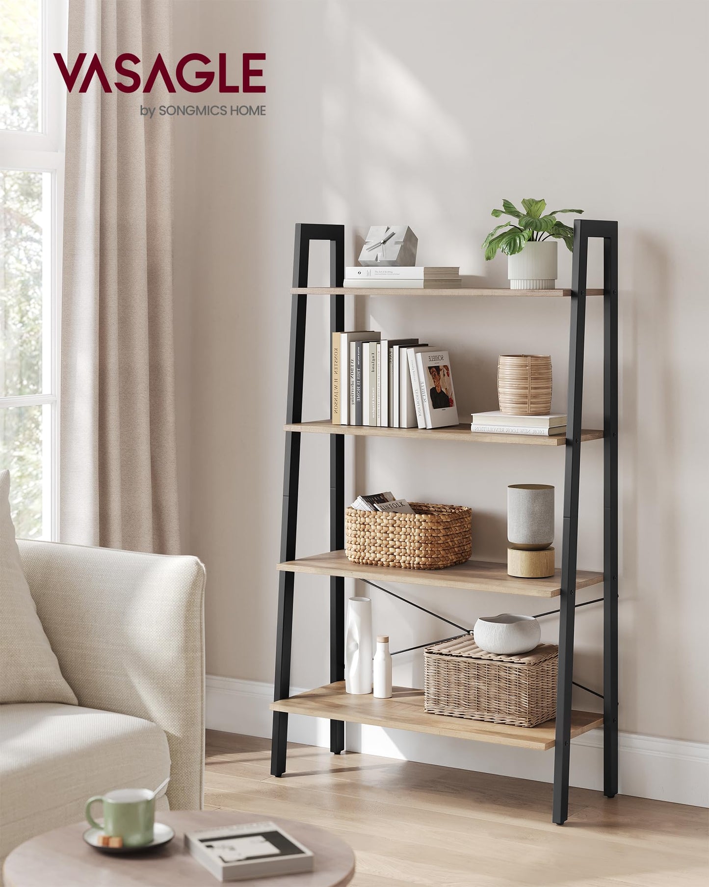 VASAGLE BARNET Collection - Ladder Shelf, Bookshelf, Storage Rack, Modern Bookcase for Living Room Home Office Kitchen, Steel Frame, 4-Tier, 31.5-Inch Wide, Camel Brown and Ink Black ULLS144B50