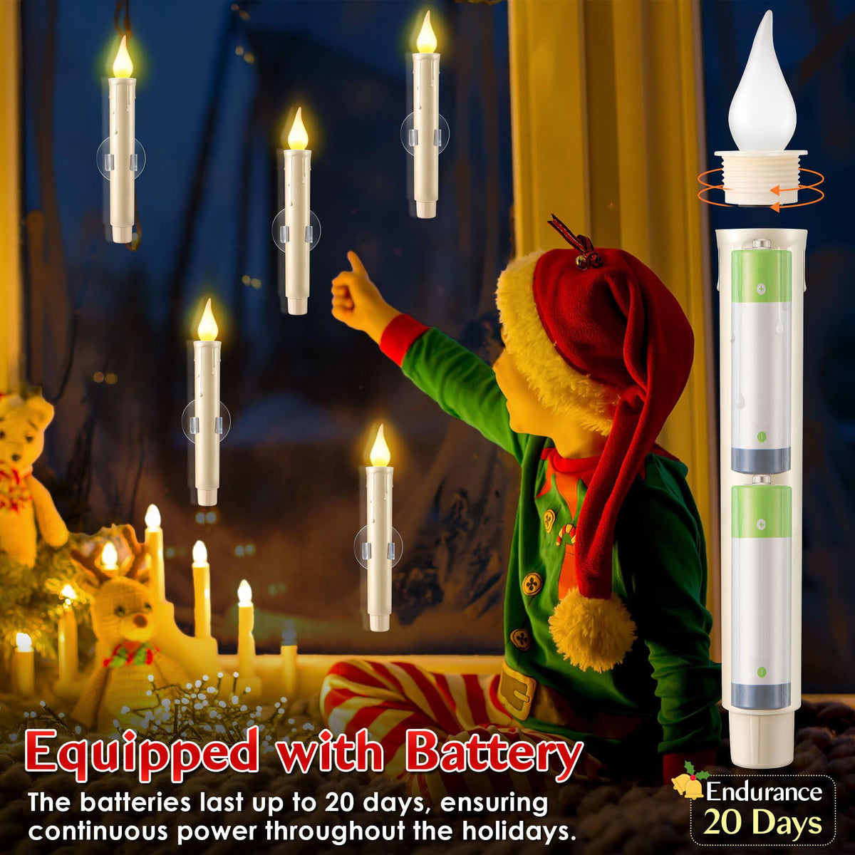 Enhon 18 Pcs Battery Operated Window Candles, Ivory LED Christmas Window Candles with Sensor Dusk to Dawn, Cordless Flameless Taper Candlestick with Battery & Suction Cup for Xmas Wedding Decorations