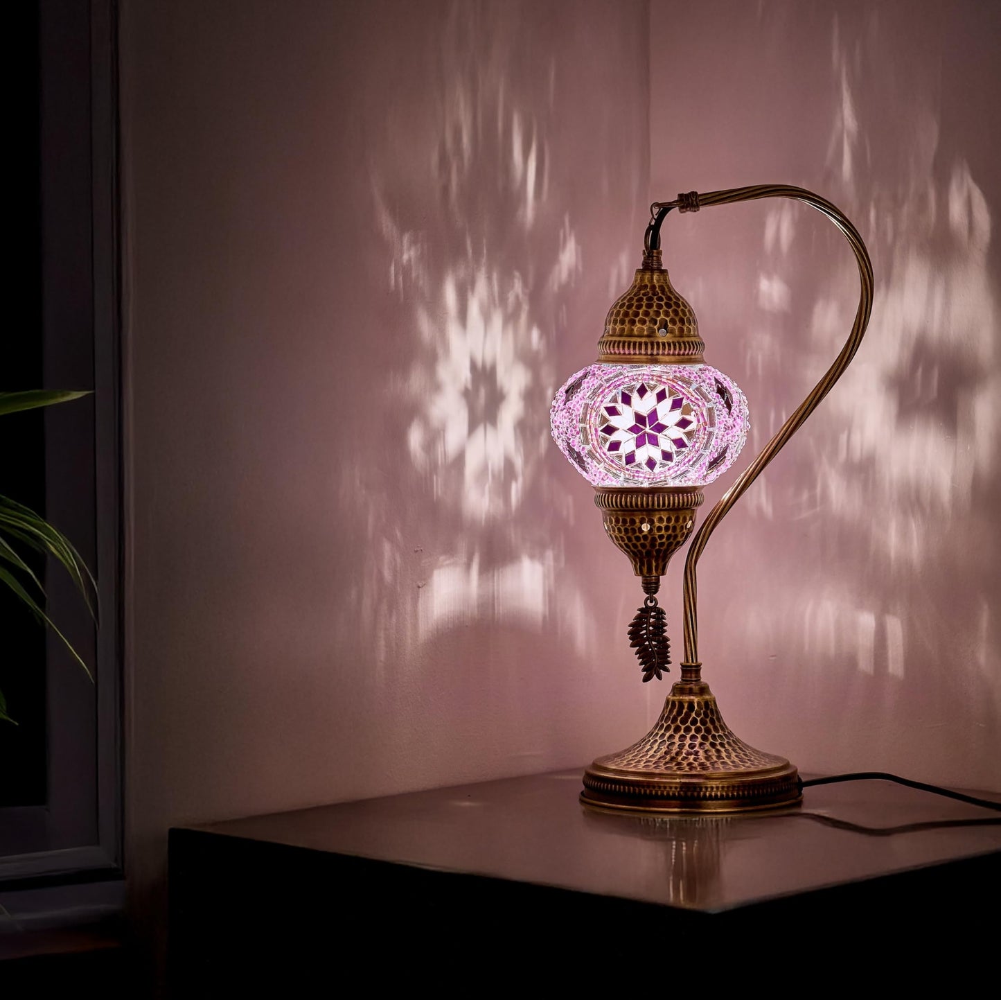 DEMMEX Turkish Moroccan Table Lamp, Swan Neck Tiffany Style Mosaic Glass Table Desk Bedside Lamp for Bedroom, Living Room – Handcrafted in Turkey, Lilac