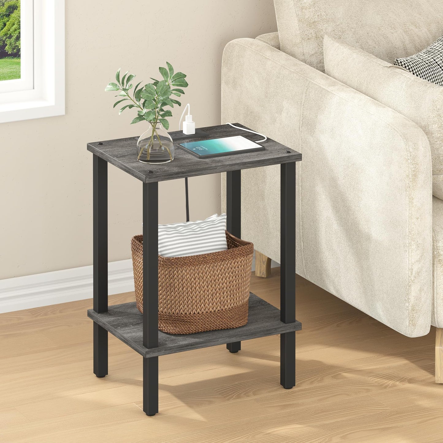TUTOTAK End Table with Charging Station, Small Side Table with Outlets, Nightstand Bedside Table, 2-Tier Storage Shelf for Small Space, Living Room, Bedroom, Charcoal Grey TB01BY040