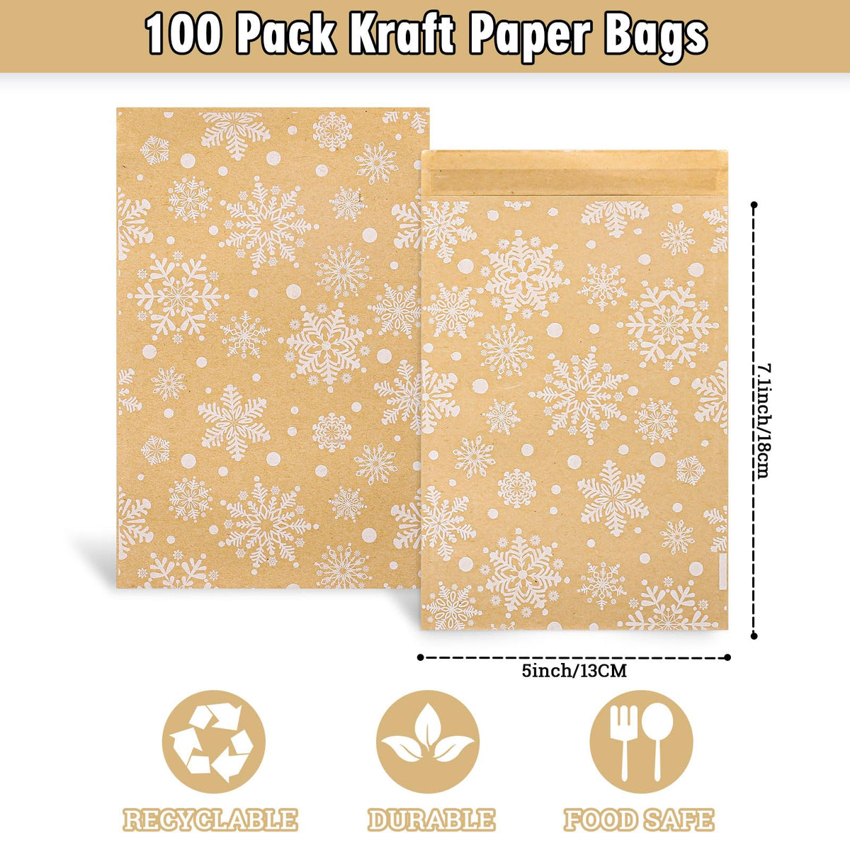 Whaline 100Pcs Christmas Kraft Treat Bags Self-Adhesive Winter White Snowflake Prints Goodie Snack Gift Bags Xmas Candy Buffet Kraft Bag for Holiday Party Favor Supplies