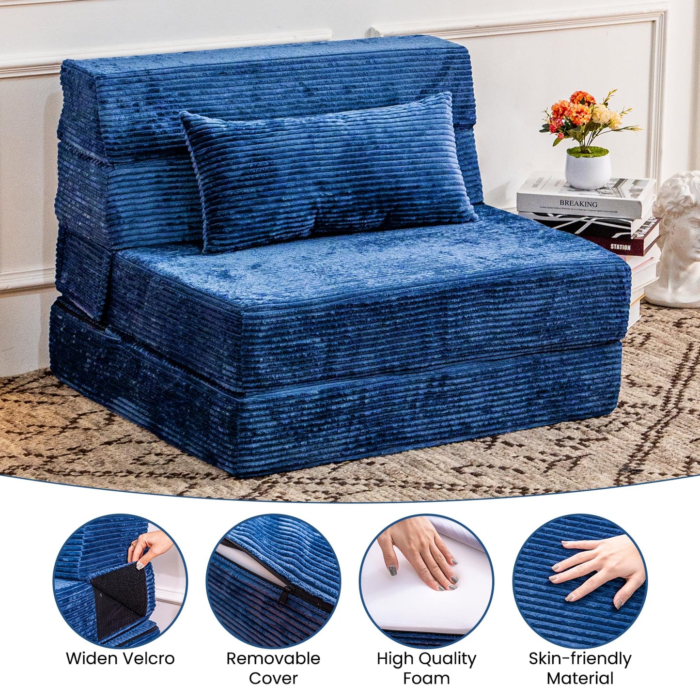 Cvortll Folding Sofa Bed, Convertible Sleeper Chair with Pillow, High Density Memory Foam Fold Out Couch, Foldable Mattress Futon Sofa for Living Room/Dorm/Guest Use/Apartment/Home Office