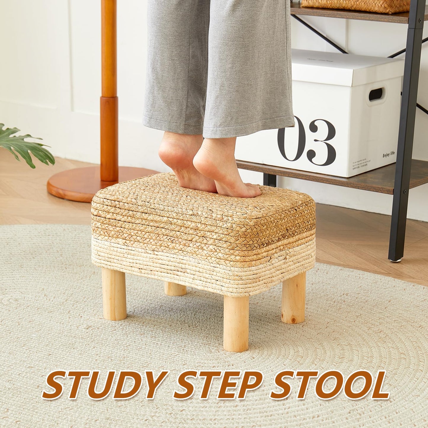 ALeesing Ottoman Foot Stool Rectangular Footrest Natural Seagrass Footstool with Wooden Legs Hand Weave Multifunctional Modern Dressing Stool, Sofa Side Table for Bedroom for Living Room (White)