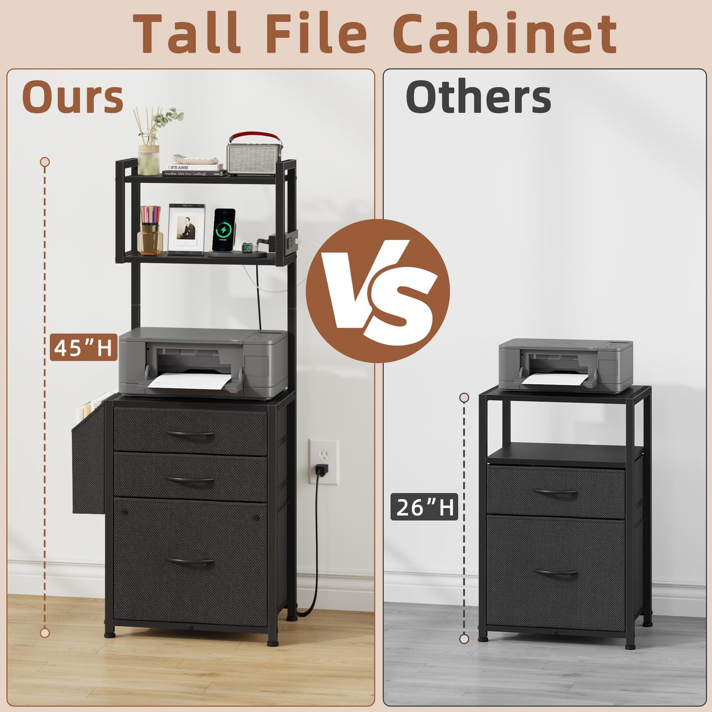 HIGDBFE 3 Drawer File Cabinet with Charging Station, 45''H & 3-Tier