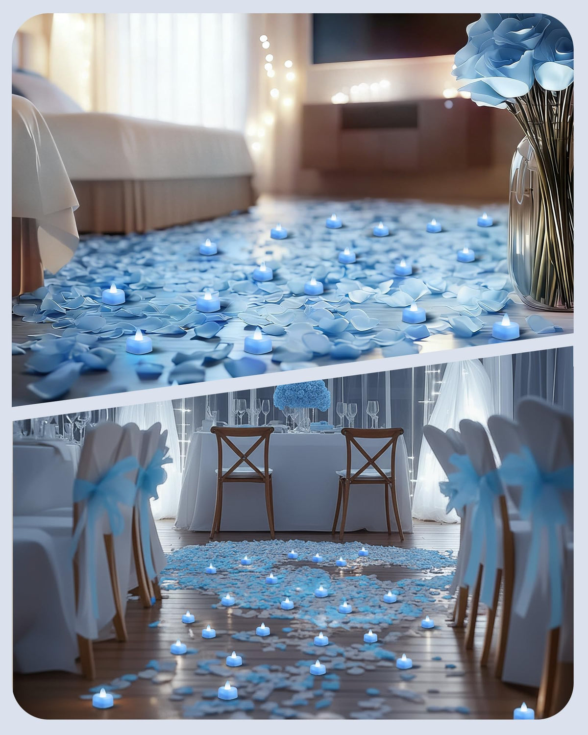 Amagic 2000 Pieces Light Blue Artificial Rose Petals with 24 Light Blue LED Tea Lights, Rose Petals and Candles Set for Proposal, Anniversary, Romantic Night, Wedding Decor