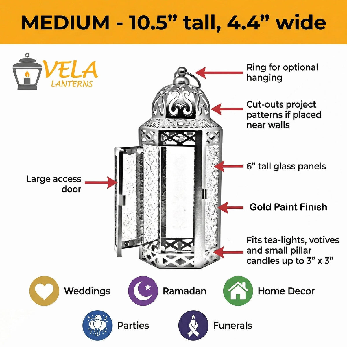 Vela Lanterns Decorative Indoor Moroccan Candle Holders, Gold, M, 2-Pack