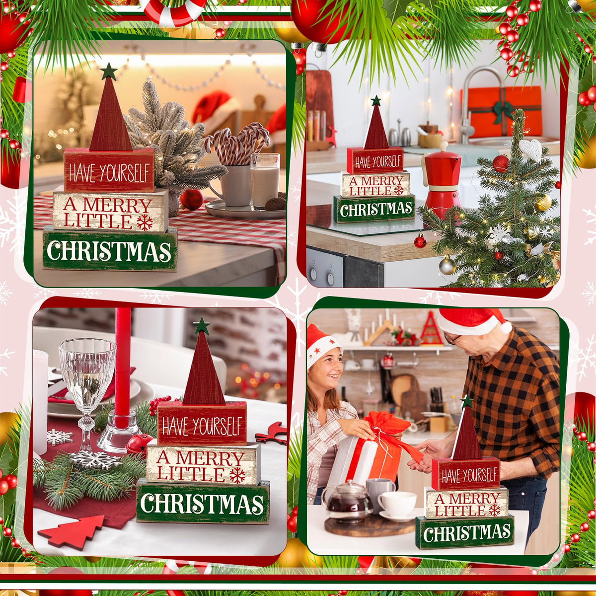 Moucuny 4 Pcs Christmas Decor Wooden Christmas Tree Winter Tiered Tray Decor Xmas Table Centerpiece Rustic Decorative Tree Block Signs Gift Farmhouse Winter Table Decoration for Home Kitchen