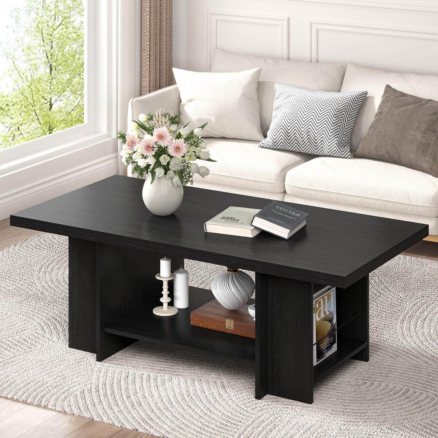 FOLUBAN Black Coffee Table with Storage Bottom Shelf & Side Shelves, Modern 2-Tier Living Room Center Table, Rectangular Wood Cocktail Tea Table for Home Office, 47 Inch