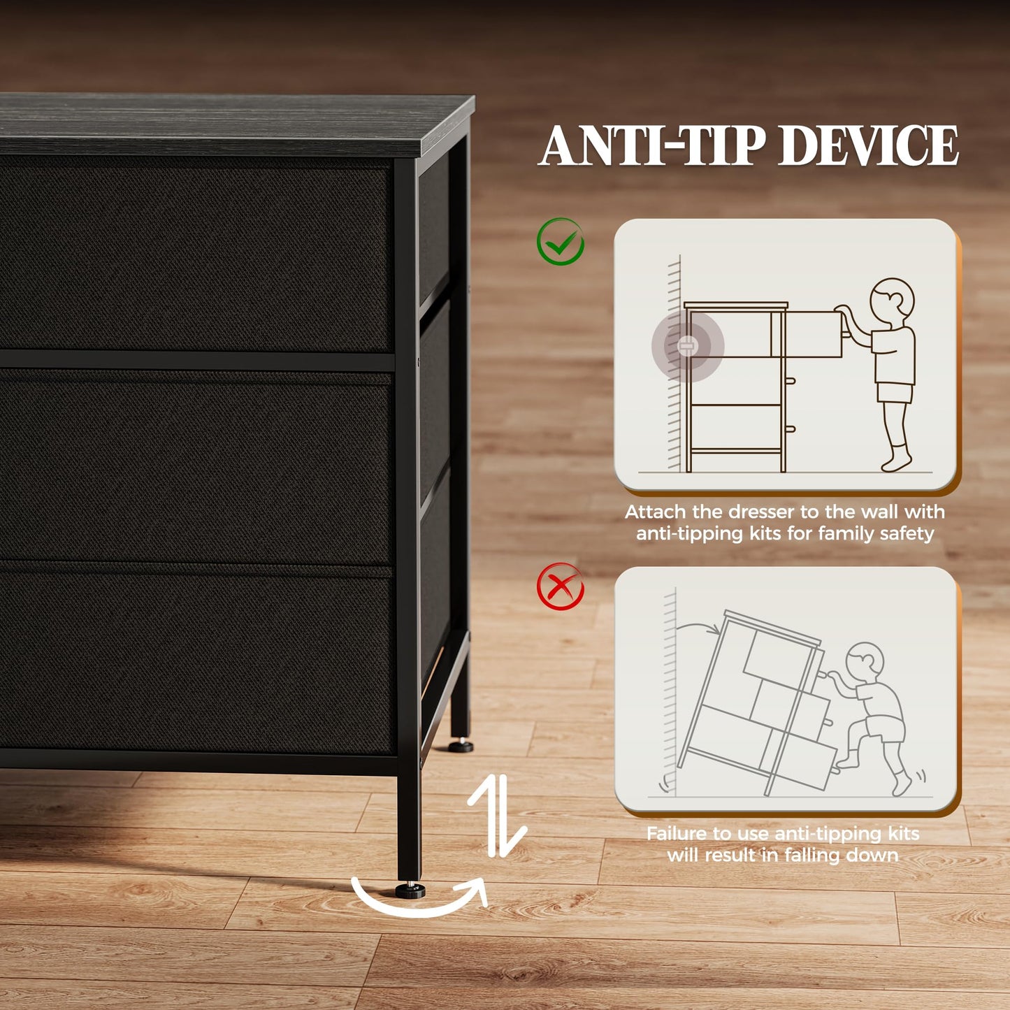 Huuger 63 Inch Dresser for Bedroom, Long Dresser with 10 Fabric Drawers, Large TV Stand for 55, 65, 70 Inch TV, Toy Storage Organizer for Closet, Charcoal Black Wood Grain Print