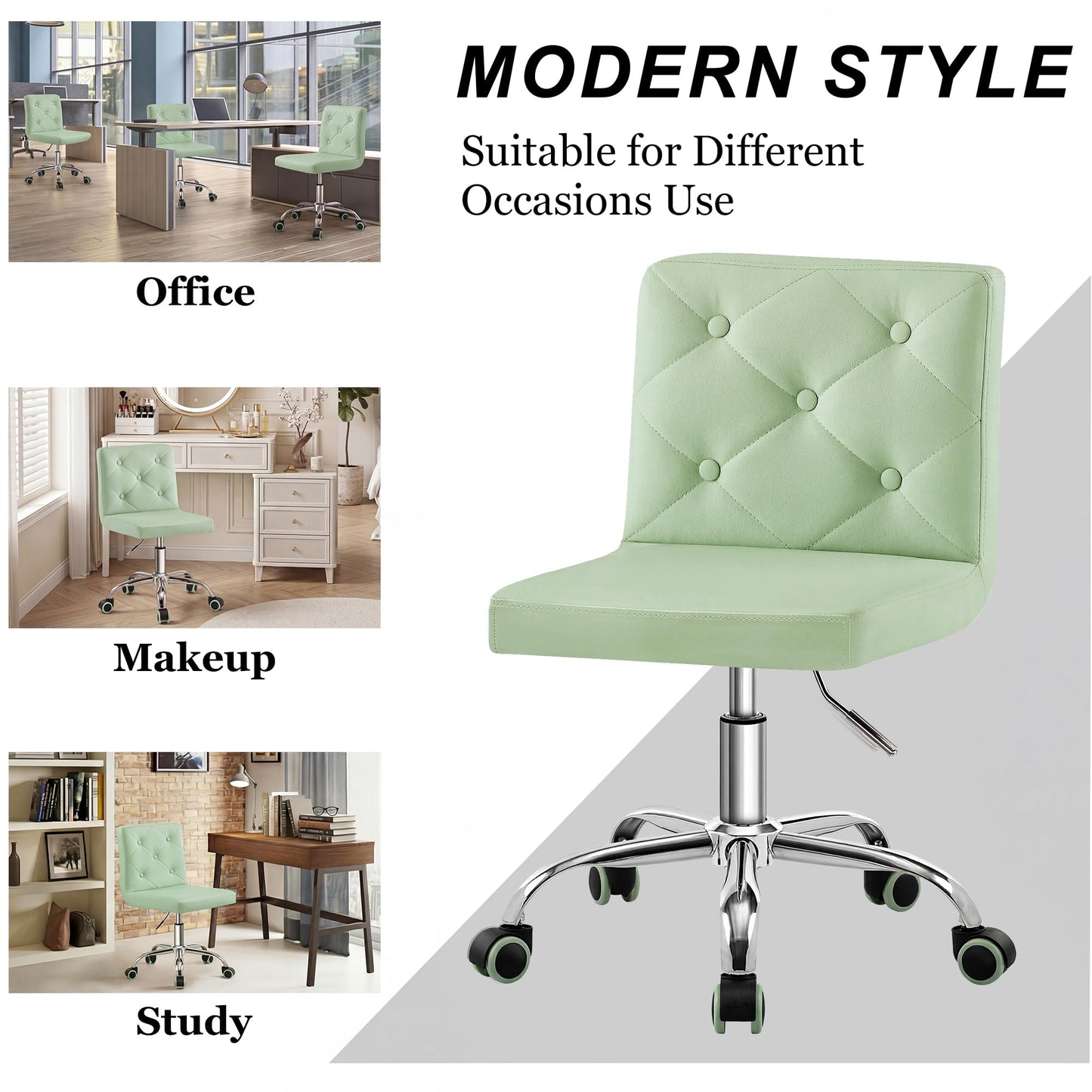 VECELO PU Leather Mid-Back Armless Vanity Chair Adjustable Height 360° Rolling Swivel for Home Office Work