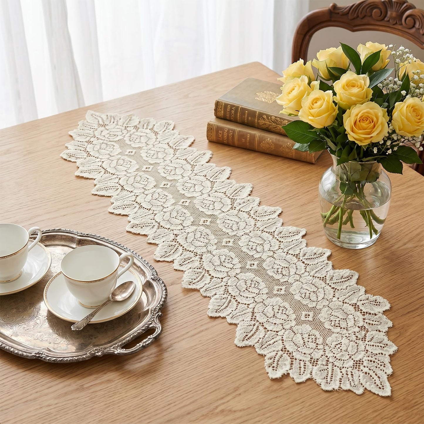 Lace Table Runner Doilies Small Oval Beige Dresser Scarf Handmade Crochet Placemats Dresser Cover Top for Bedrooms Furniture Living Room Dining Decor(46.46 x 12.6 Inch)