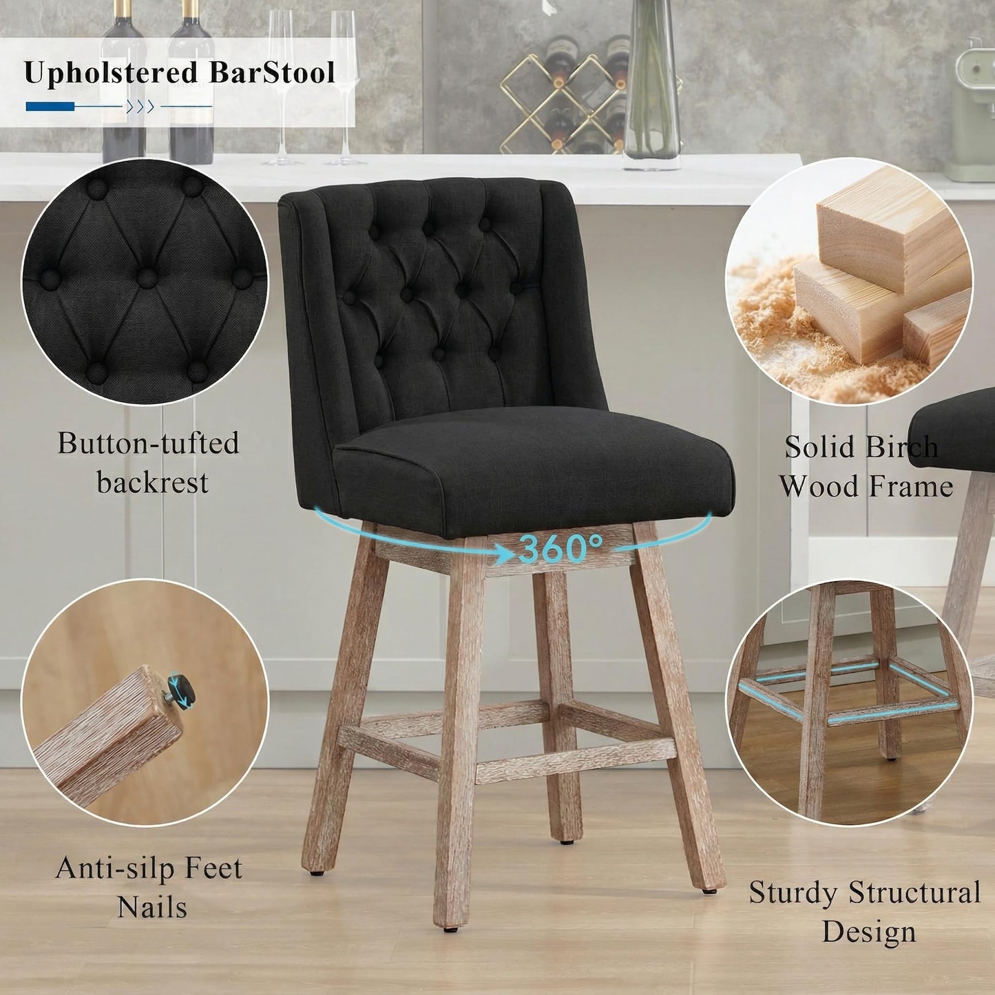 UDAX 26" Swivel Bar Stools Set of 4, Counter Height Barstools with Back, Linen Fabric Upholstered Bar Stools, Modern Barstools Wood Legs for Kitchen Island Dining Room Bar