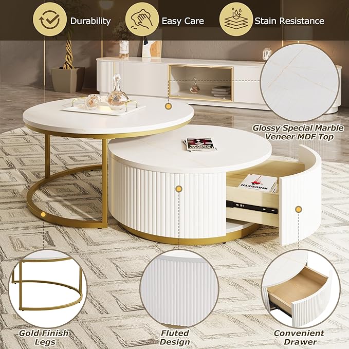 Modern Round Nesting Coffee Table Fluted