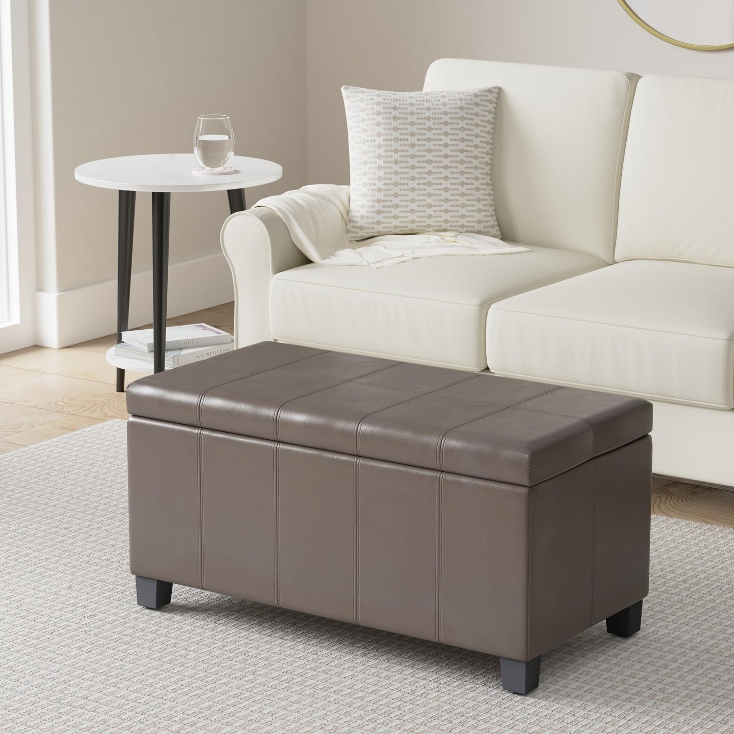 SIMPLIHOME Dover Storage Ottoman Bench - 36 inch Wide Upholstered Vegan Leather Rectangular Lift-Top Ottoman in Chocolate Brown, Contemporary Bench for Living Room with Safety Hinges