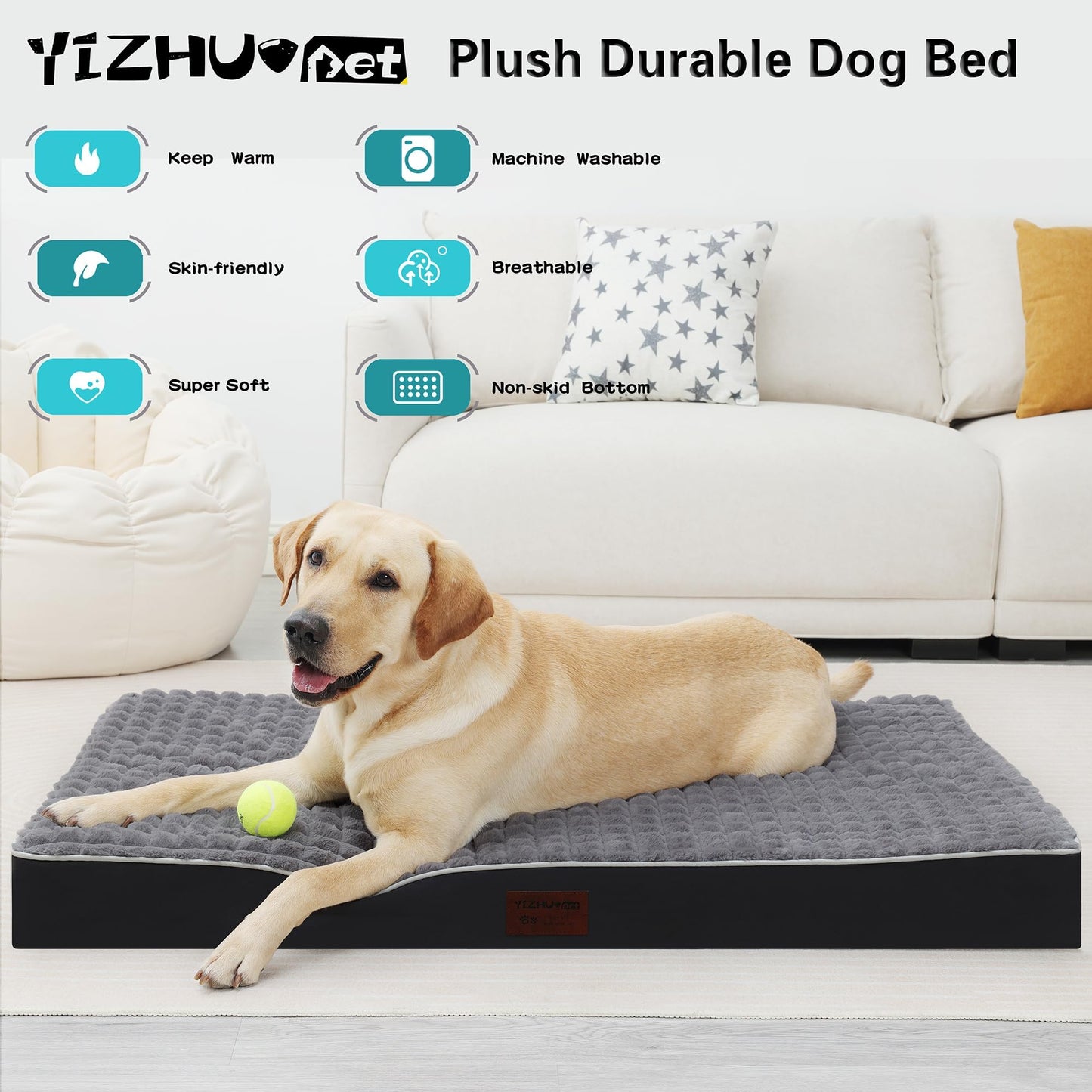 YIZHUOPET Orthopedic Rabbit Plush Cover Dog Bed,Small M Sized Dog 30''X20''x3'' Soft Waterproof Egg Foam Pet Crate Beds Mat or Kennel Pads with Removable Washable Cover,Non-Slip Bottom,Grey