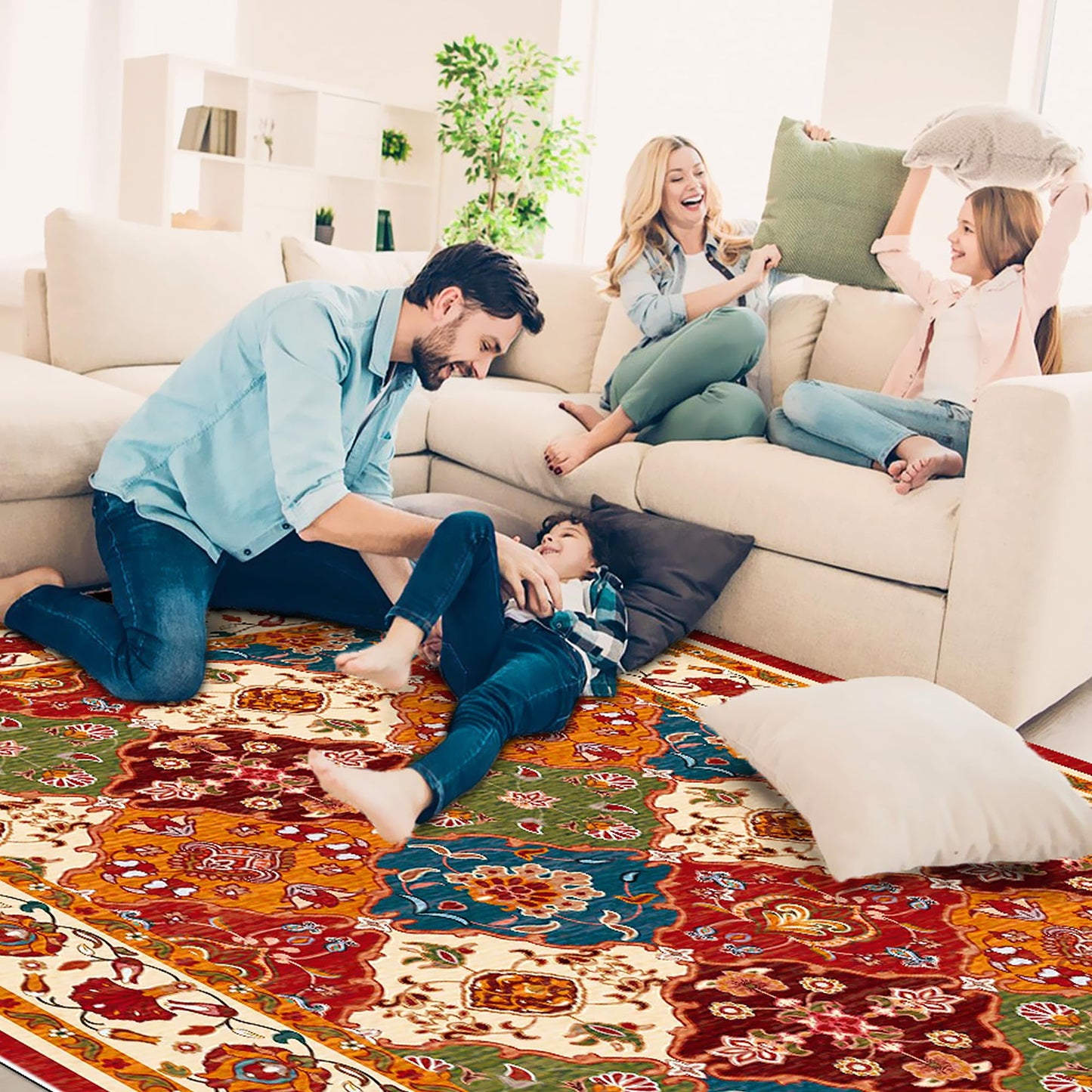 UKELER Nursery Rugs 5x7, Machine Washable Foldable Boho Floral Area Rugs, Non Slip Durable Low Profile Accent Rug for Kids Playroom Bedroom Living Room Dinning Room Dorm Office Hotel Farmhouse, Beige