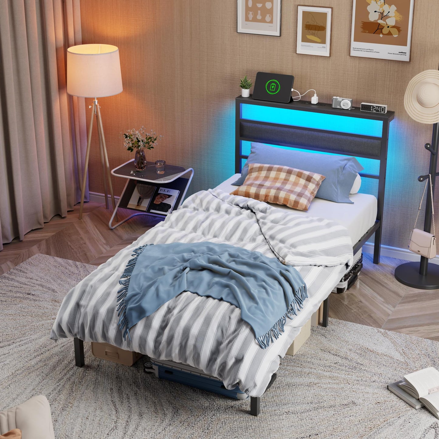 OURPIC Twin Bed Frames for Kids, Metal Platform Bed Frame Twin Size with Charging Station and LED Lights, Upholstered Headboard and Storage Shelf, No Box Spring Needed, Easy Assembly