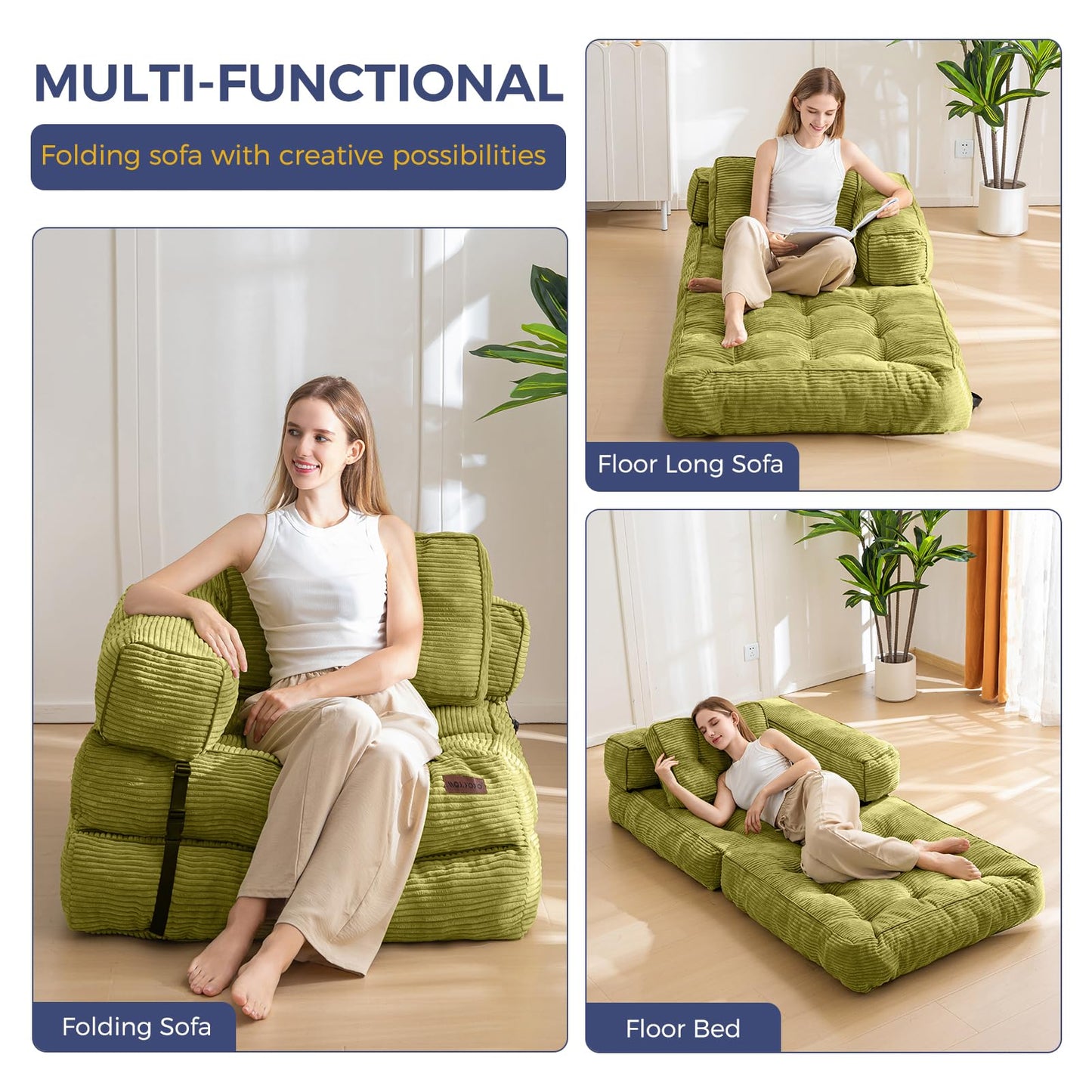 MAXYOYO Folding Sofa Bed, L-Shaped Convertible Sofa with Armrest Foldable Sleeper with Pillow, Portable Fold Out Chair Bed Comfy Floor Lounge for Living Room Bedroom, Green