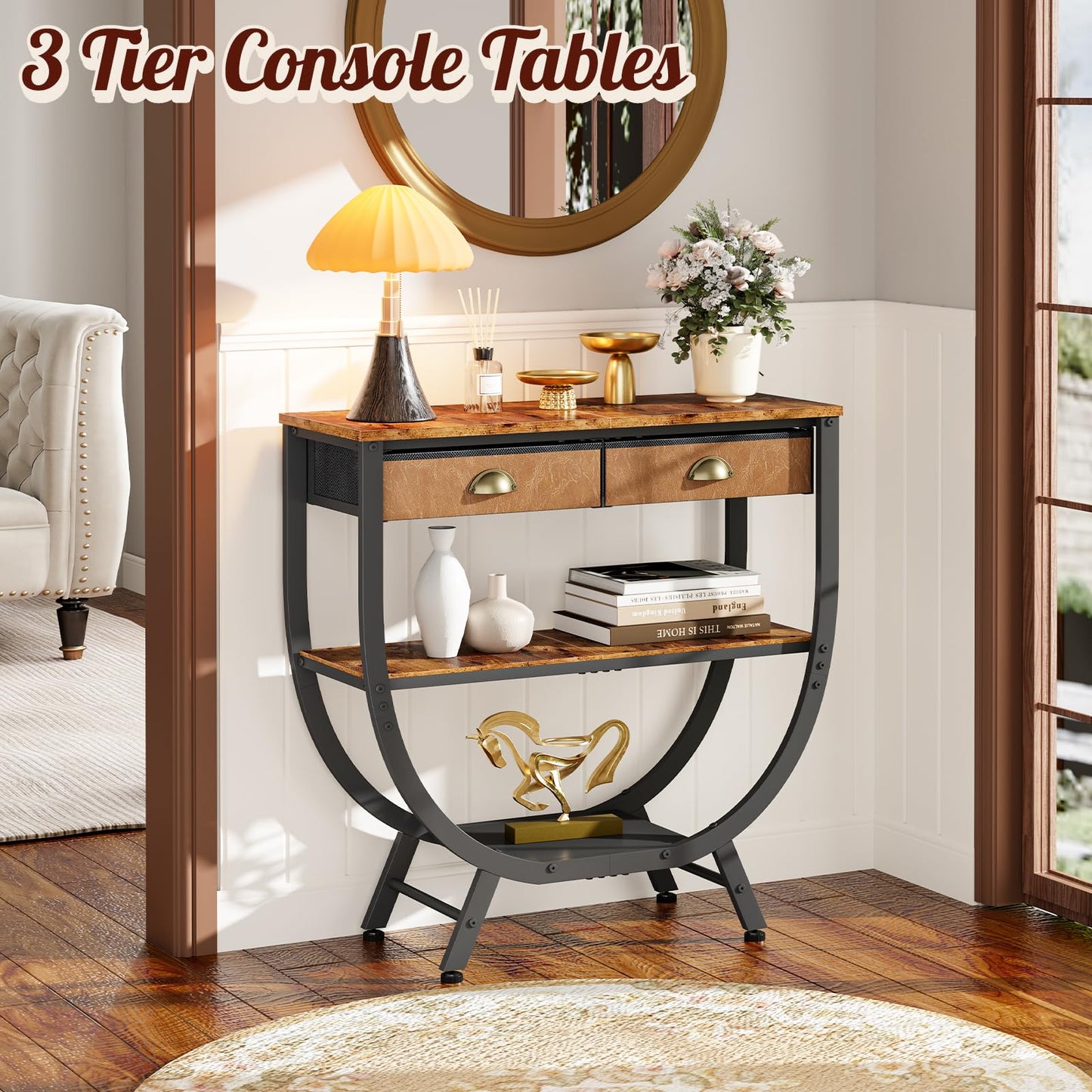 Console Entryway Table with 2 Drawers, 31.5" Height Sofa Table Behind Couch with 3 Tier Storage Shelves，Industrial TV Stand Accent Furniture for Hallway Corner Living Room Bedroom Entry Way Home Decor