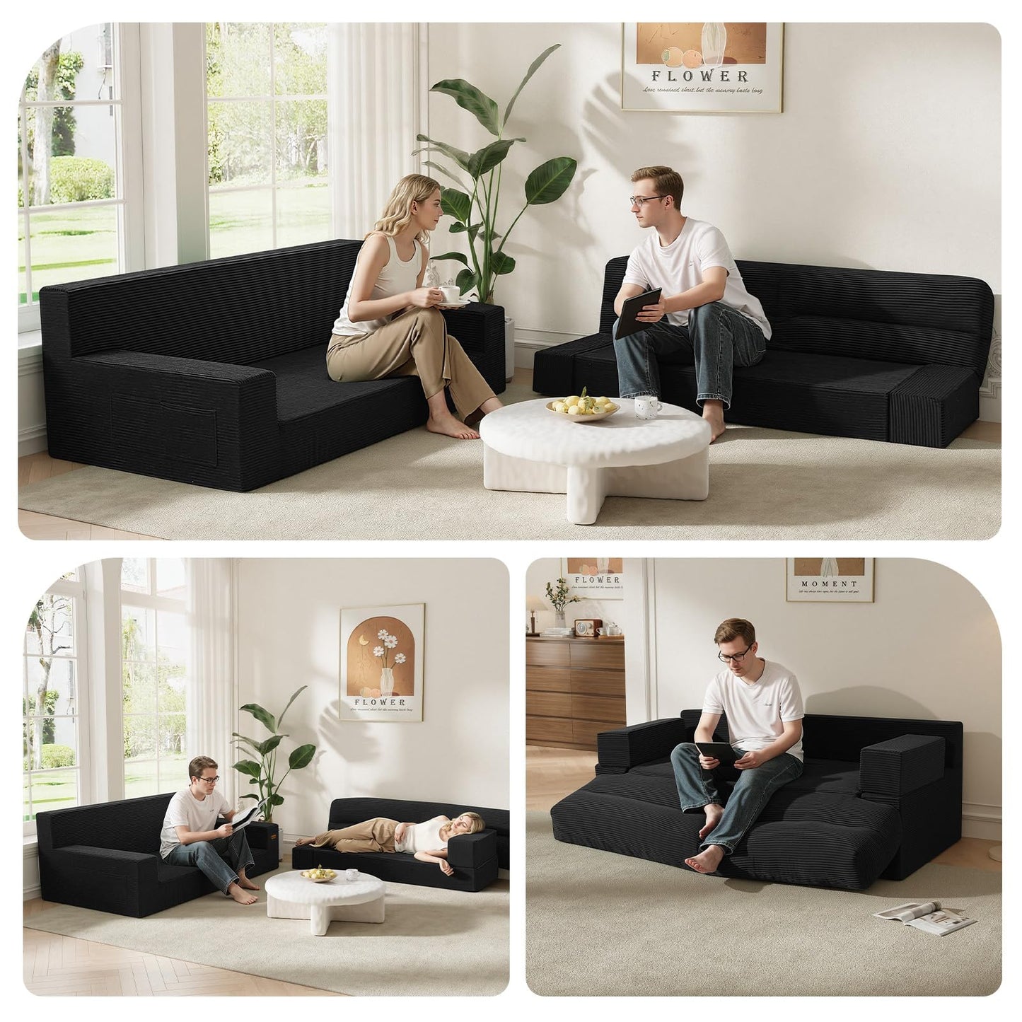 MeMoreCool Queen Sofa Bed, 4-in-1 Pull Out Couch Bed with Wedge Pillow, Boneless Futon Sleeper Loveseat, No Assembly Folding Sofa for Living Room Guest Room, Black Corduroy