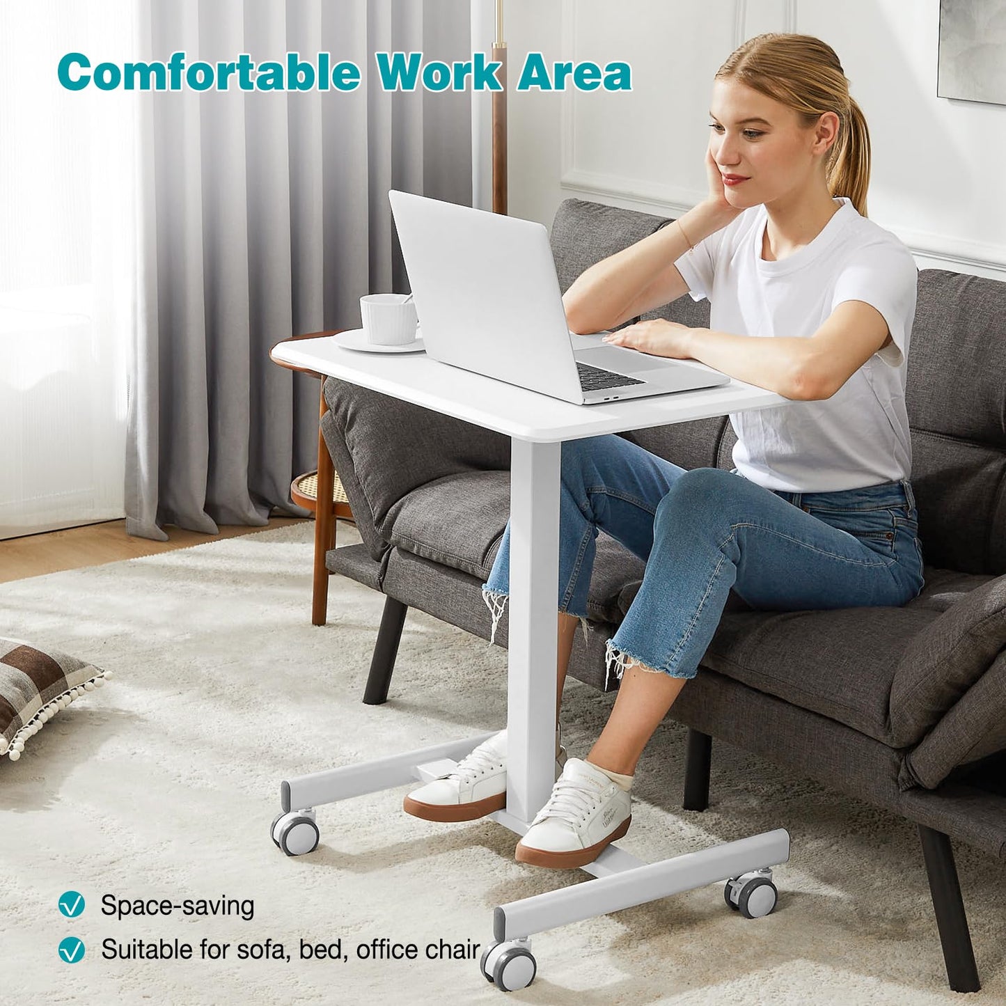 DUMOS Small Standing Desk Mobile Portable Rolling Laptop PC Table on Wheels Adjustable Height Computer Workstation for Home Office, Compact Small Space, Easy Assembly, 19 Inch, Modern White