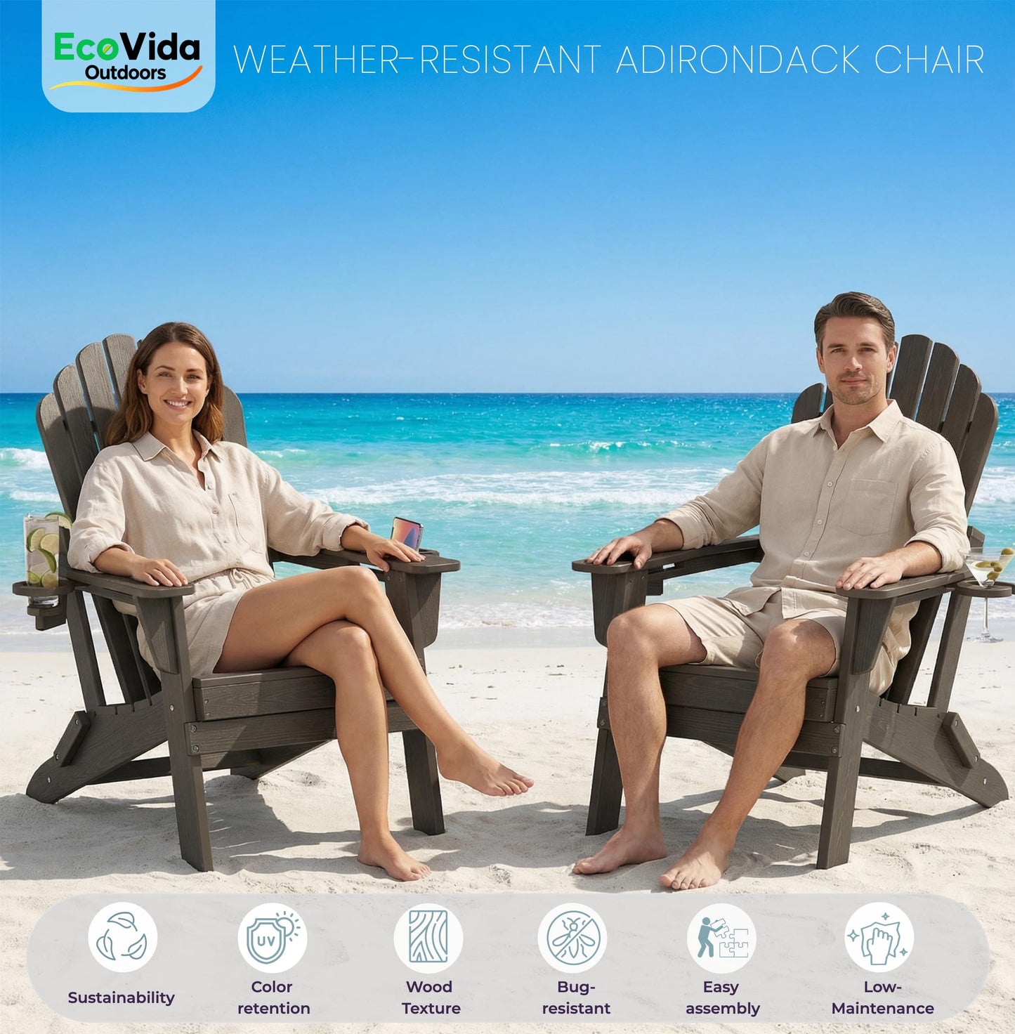 Folding Adirondack Chair with Dual Cup Holders, Ergonomic High Back HDPE Fire Pit Chair, 380lbs Capacity All-Weather Outdoor Patio Lounge Chair for Garden, Deck, Yard - Coffee
